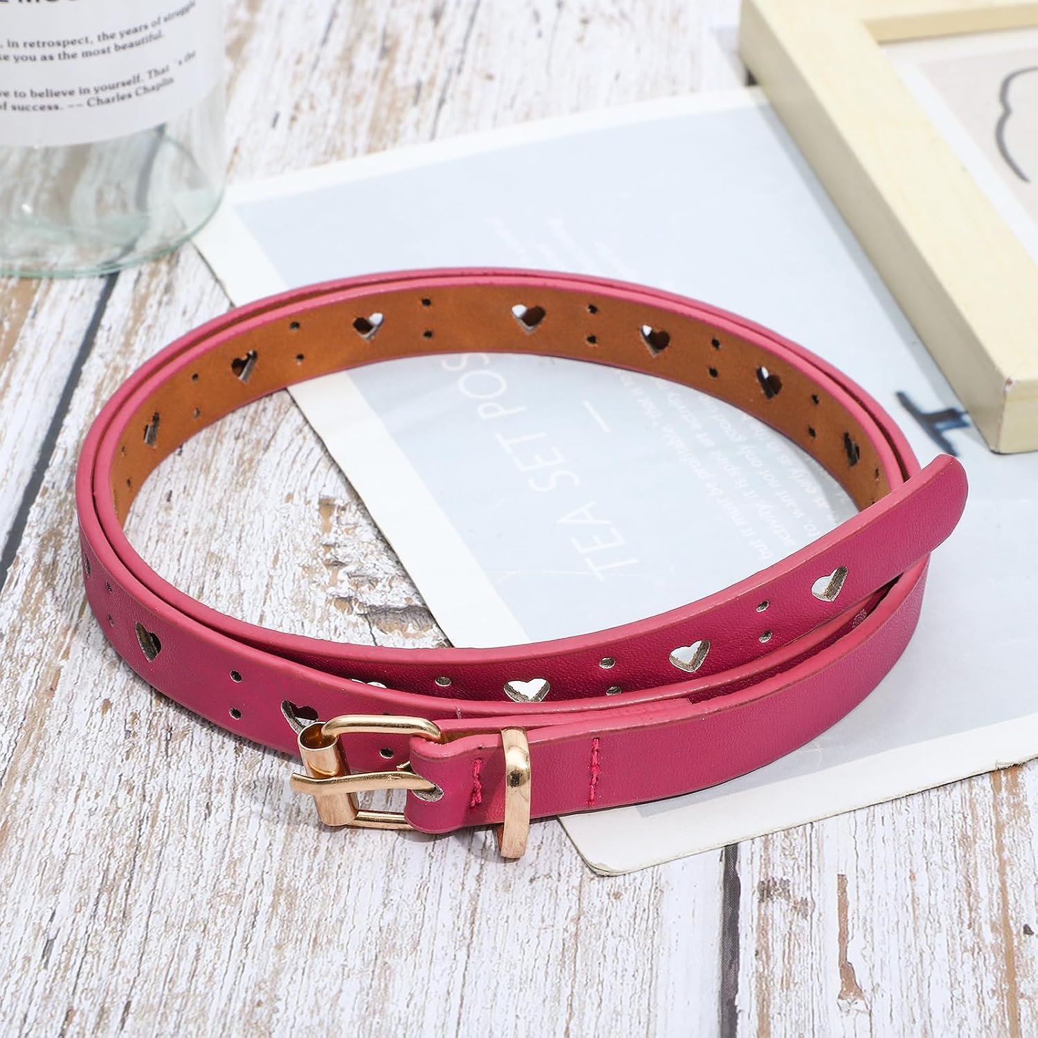 NEWITIN 5 Pieces Girls Belt Durable PU Leather Belts Metal Buckle Heart Circle Hole Youth Toddler Belt for Uniform Casual