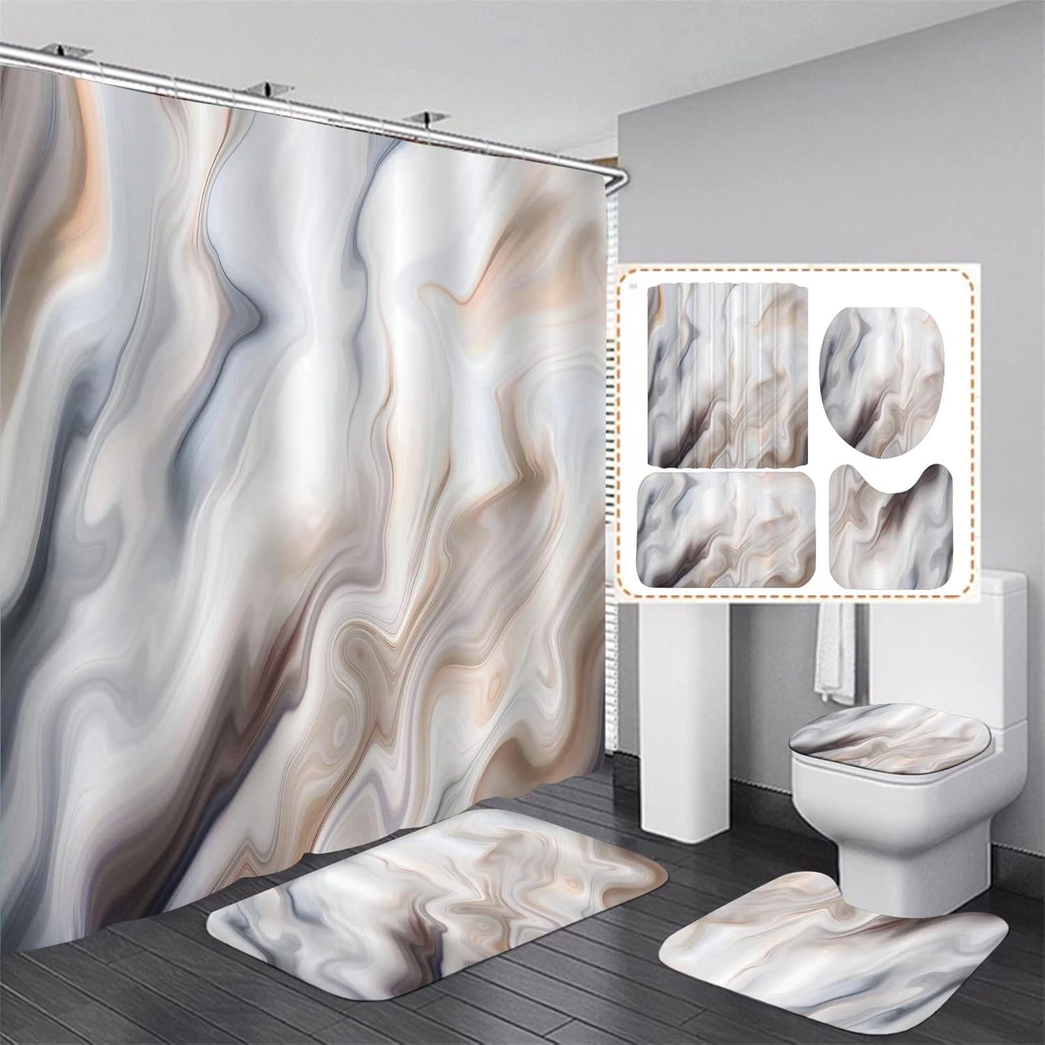 DDQQ 4Pcs Black Boho Shower Curtain Set with Rugs, Modern Abstract Geometric Bathroom Decor Set with Accessories, Vintage Stripes Bohemian Waterproof Shower Curtain for Bathtub Decor : Home & Kitchen