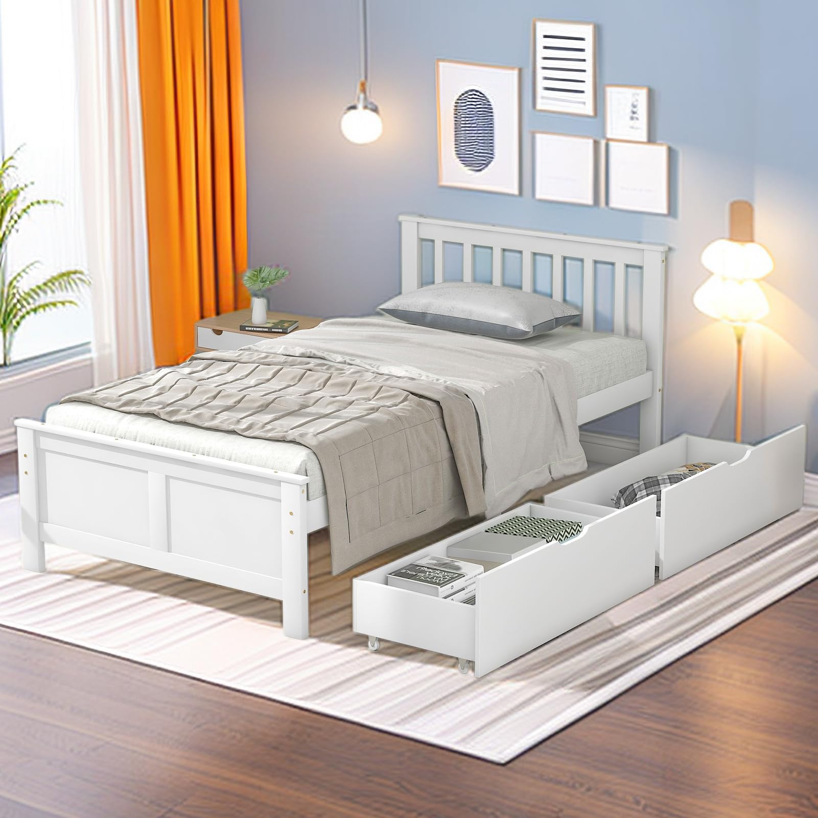 Cama de madera con cabecero y somier, 90 x 200 cm, 2 cajones para almacenamiento, individual, juvenil, para adultos, invitados, infantil, marco