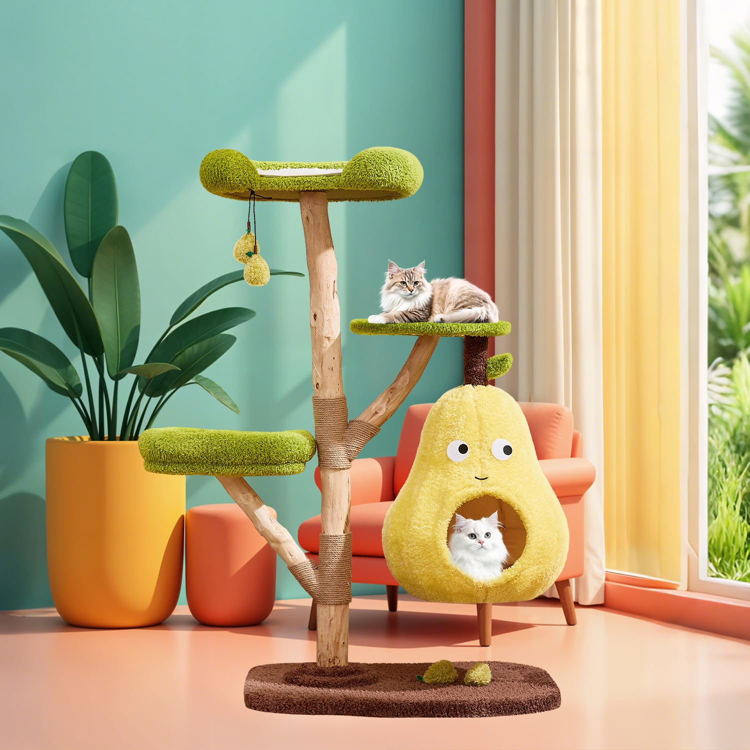 54'' Pear Luxury Cat Tree Tower, Solid Wood Cat Furniture for Multi-Cat Families, Cute Kitty Activity Center for Home Decoration, Spacious Condo with Removable Mat for Small Medium Large Cats