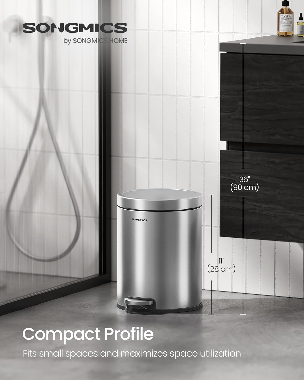 SONGMICS Bathroom Trash Can, 1.6 Gallon (6 L) Small Toilet Garbage Bin with Lid, Soft-Close, Stainless Steel, Pedal, Inner Bucket, Bedroom, Metallic Silver ULTB016EZ01