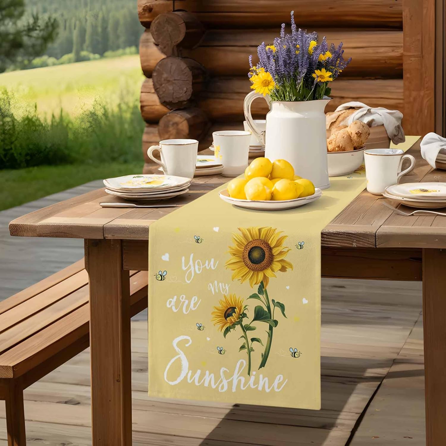 Summer Table Runner 120 Inches Long Rustic Flower You are My Sunshine Yellow Tablerunner Long for Round Table Kitchen Coffee Dining End Table Living Room Use