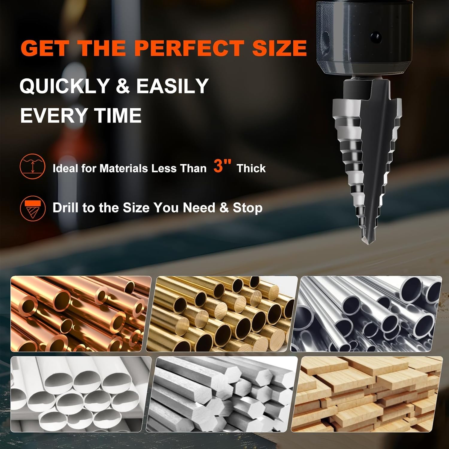 COMOWARE Step Drill Bit, 12 Sizes from 3/16" to 7/8", High Speed Steel Step Bit with 2 Straight Flutes, 3-Flat Shank, Steps Bits for Metal, Aluminum/Wood/Plastic/Iron, Unibit for Electricians & DIY