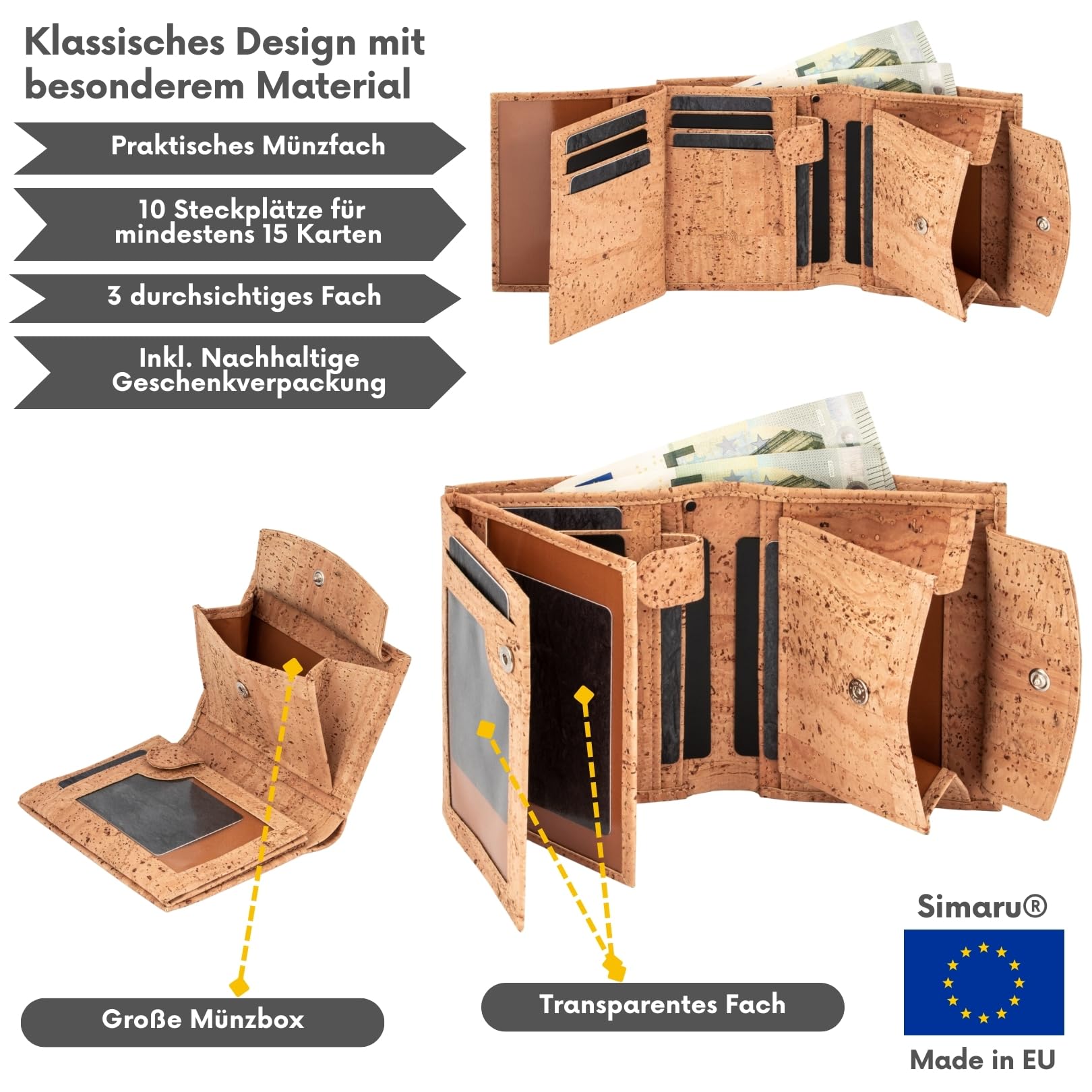 Simaru Herren Geldbörse aus Kork mit RFID Schutz, Männer Geldbeutel mit Sichtfenster für Ausweis, Karten, Bargeld, Portemonnaie langlebig & vegan