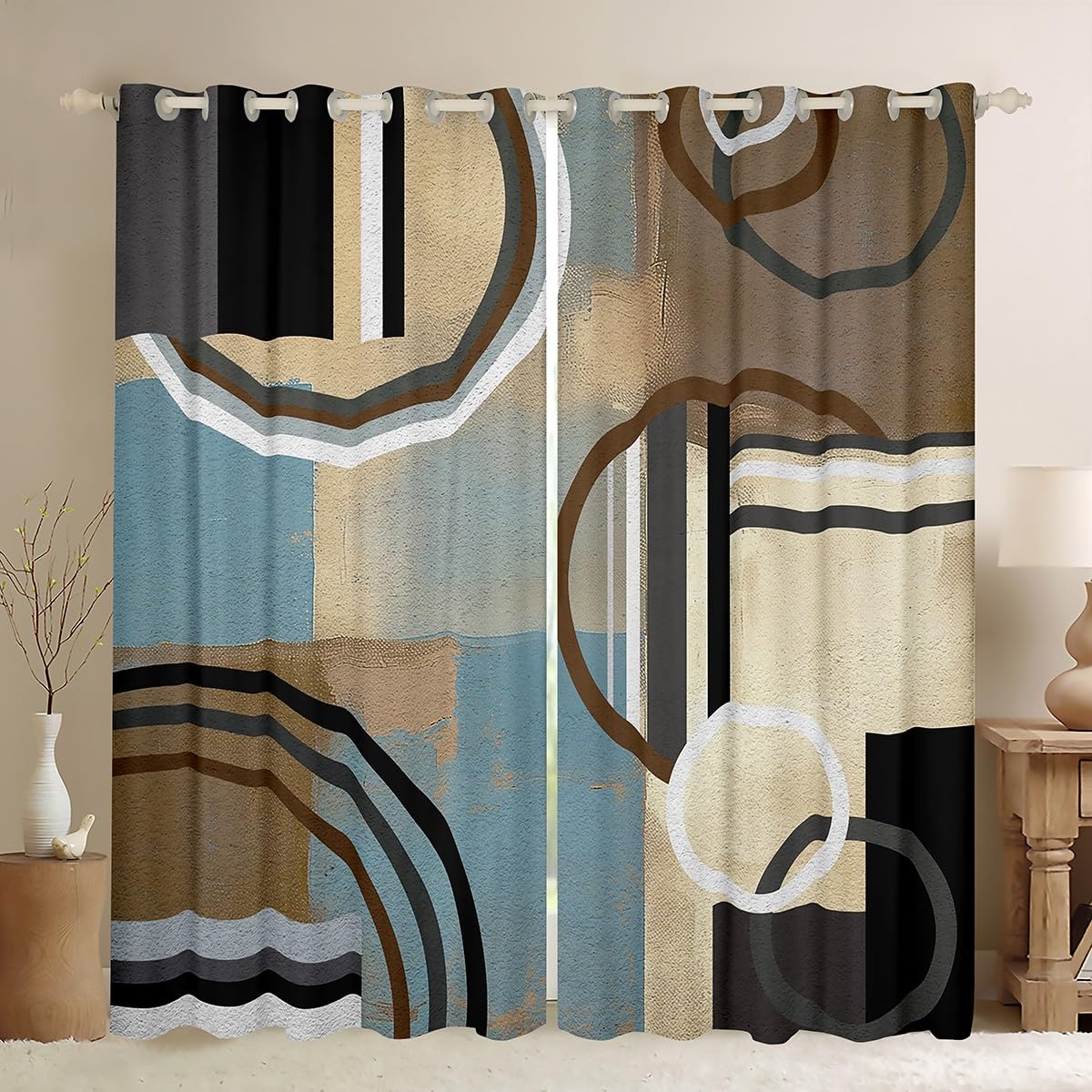 Brown And Blue Blackout Curtains,Oil Painting Geometry Curtains for Kids Bedroom Decor,Watercolor Pastel Artwork Window Curtains & Drapes,Geometric Circles Swirls Window Treatments 52