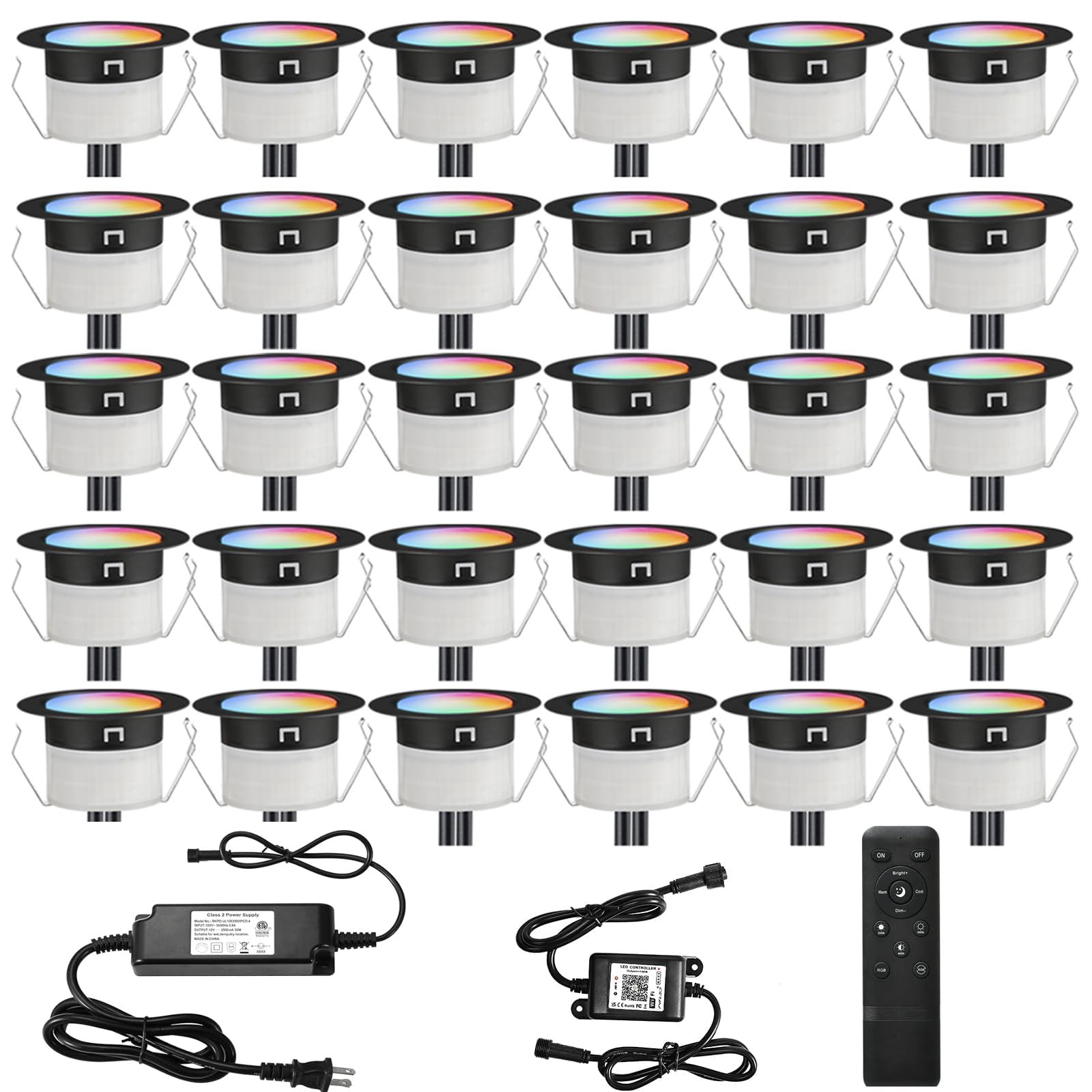 FVTLED LED Deck Lights Kit, 30pcs Φ1.22 WiFi Smart Phone Control Low Voltage Recessed RGBW Deck Lighting Waterproof Outdoor Yard Path Stair Decor, Black