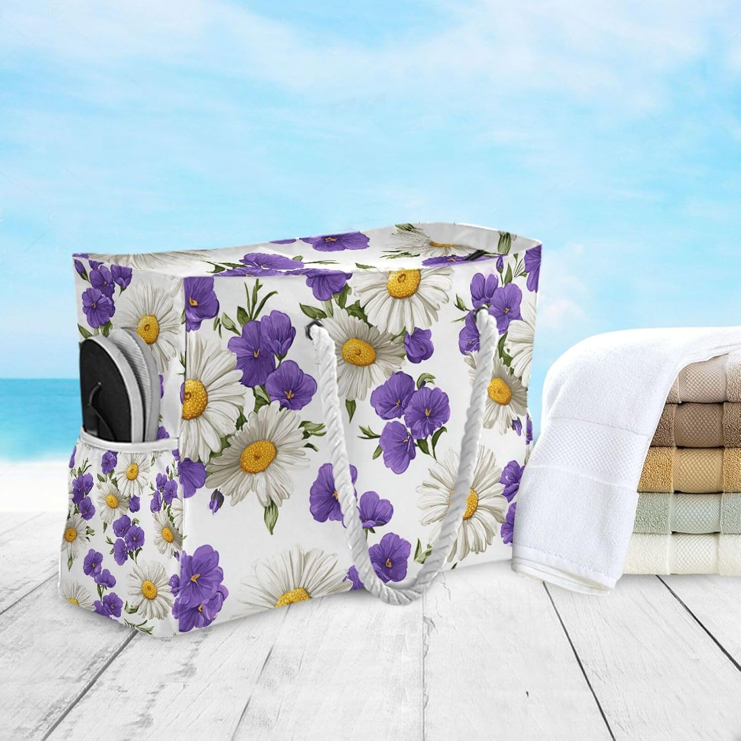 OTVEE White Daisies Purple Flowers Beach Bags for Women Ladies Large Canvas Tote Shoulder Bag Waterproof Travel Bags for Gym Swim Pool Camping
