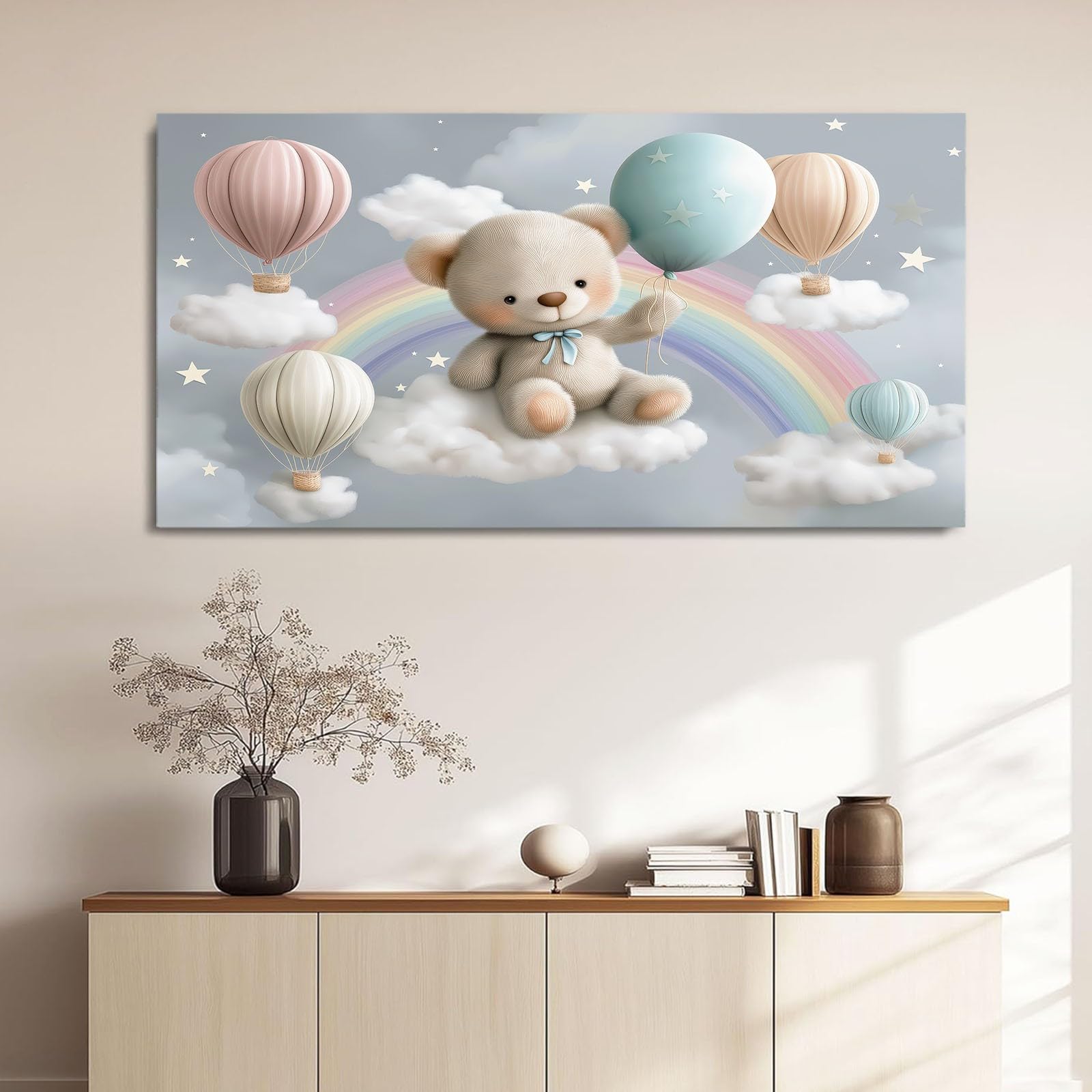 Leinwand Bilder Cartoon 90 x 60 cm Kinder Wandbilder Kunstdrucke, Grau Teddybär Luftballons Wolken - Panorama Wanddekoration für Wohnzimmer Schlafzimmer