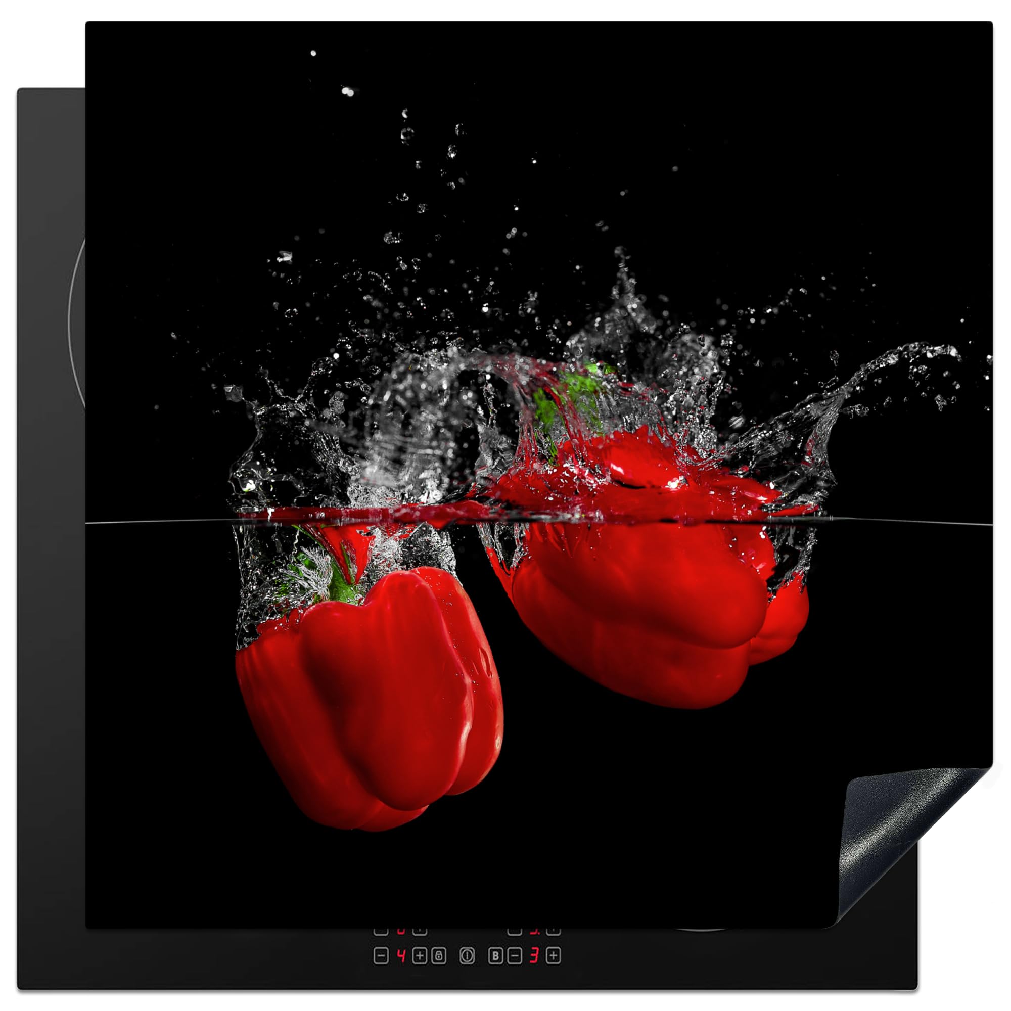 KitchenYeah© Induction Hob Protector Mat 30.7"x30.7" / 78x78 cm Stove Cap Top Cover Kitchen Cooker Covers for Electric Hobs Vinyl Pepper - Vegetable - Still Life - Water - Red