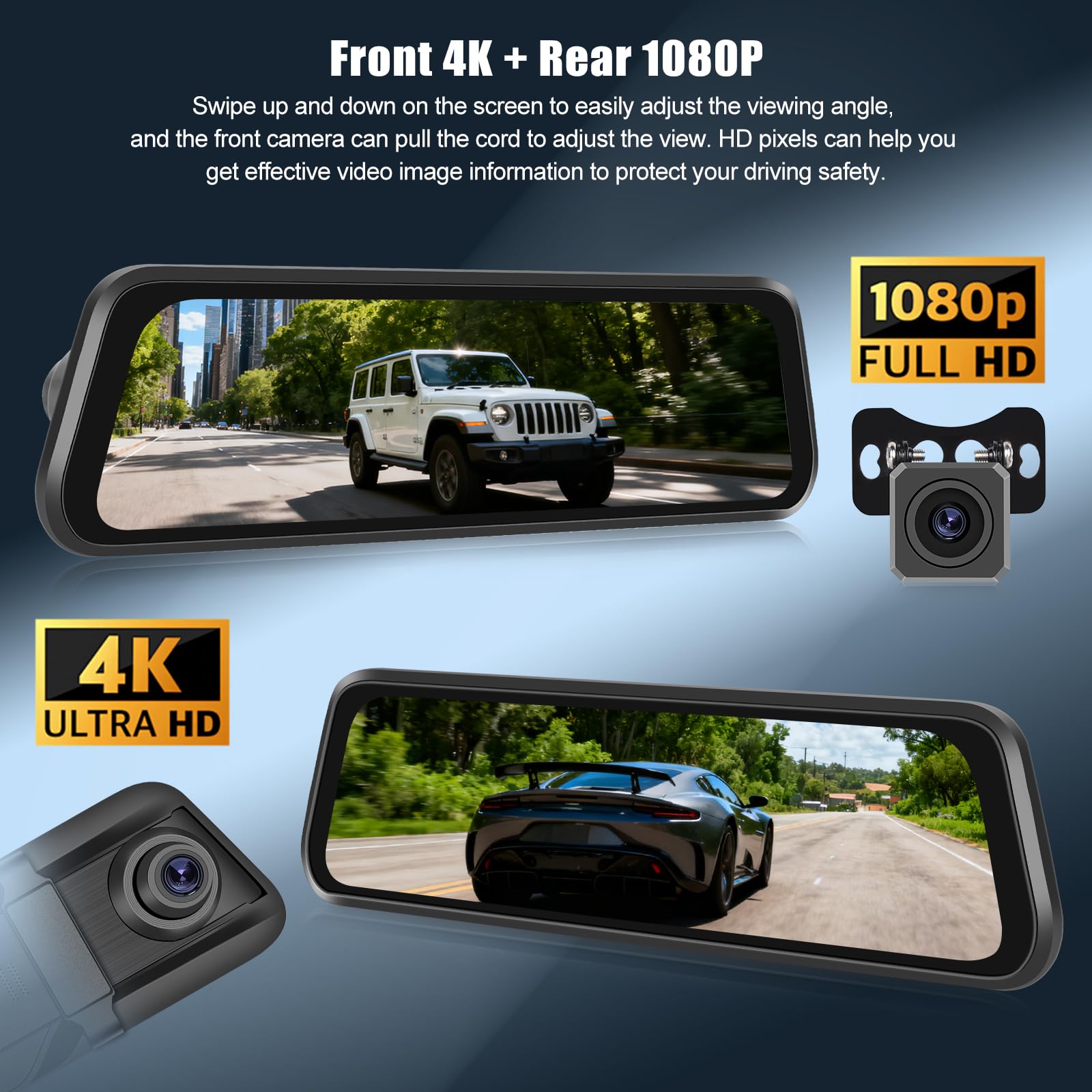 OiLiehu 9,66 Pollici Touchscreen 4K HD Mirror Dashcam con Telecamera Posteriore WiFi Dash Cam per Auto con G-Sensor/WDR/LCA/BSD/Monitor Parcheggio/Registrazione in Loop/Grandangolo 150°/Visione Nott