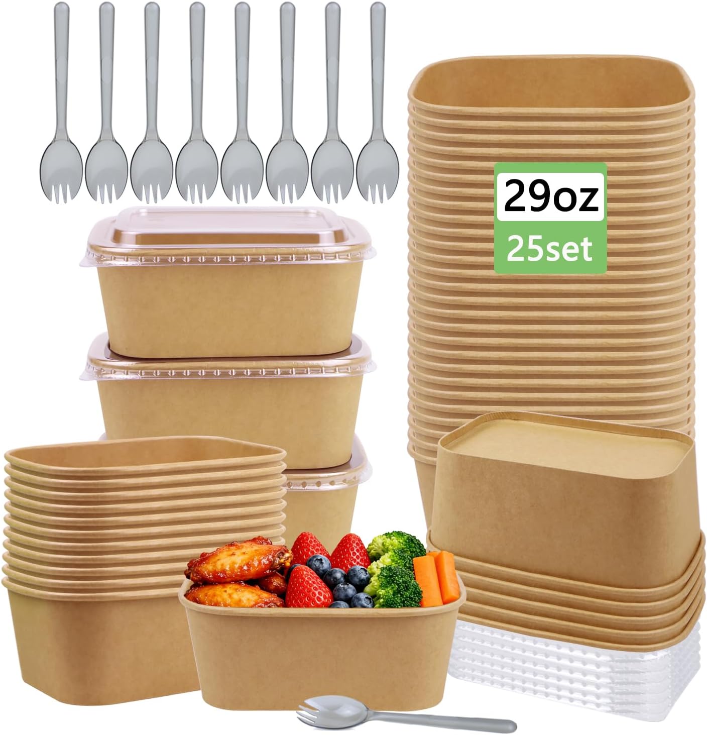 25 Pack 29oz Disposable Kraft Paper Bowls with Lids and Forks, Meal Prep Containers Disposable Soup Serving Bowls Take Out Containers for Party, Microwave Safe for Hot/Cold Food (Rectangular)
