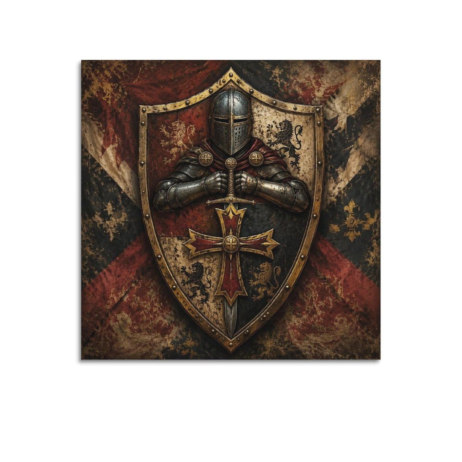 XKUGA Knight Order Gothic Poster Quartered Shield Heraldic Crest Modern Decorative Canvas Prints - Ideal Wall Art for Family, Man Cave, Game Room, Boys & Girls Bedroom 12x12inch(30x30cm)
