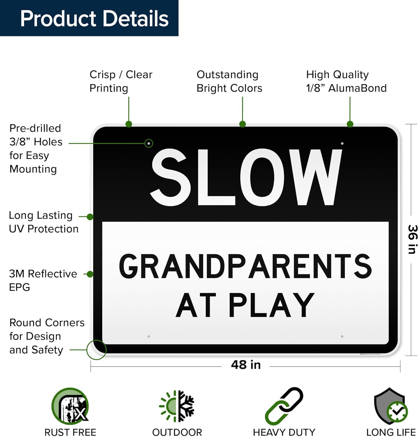 Slow Grandparents at Play Sign, 36x48 Inches, Rust Free DiBound, Fade Resistant, Made in USA by My Sign Center