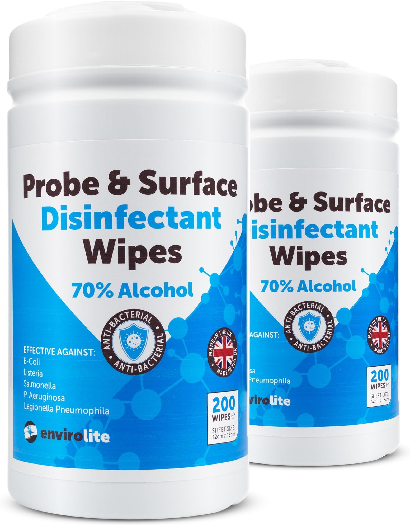 Antibacterial Wipes - 2 x Tubs of 200 Alcohol Wipes for Cleaning Surfaces and Kitchen Food Probes – Disinfectant Sterile Probe Wipes Food Safe