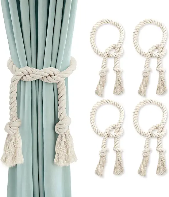 Boho Vorhang Raffhalter, 4 Stück Handgestrickte Gardinenhalter aus Baumwolle, 100 cm Beige