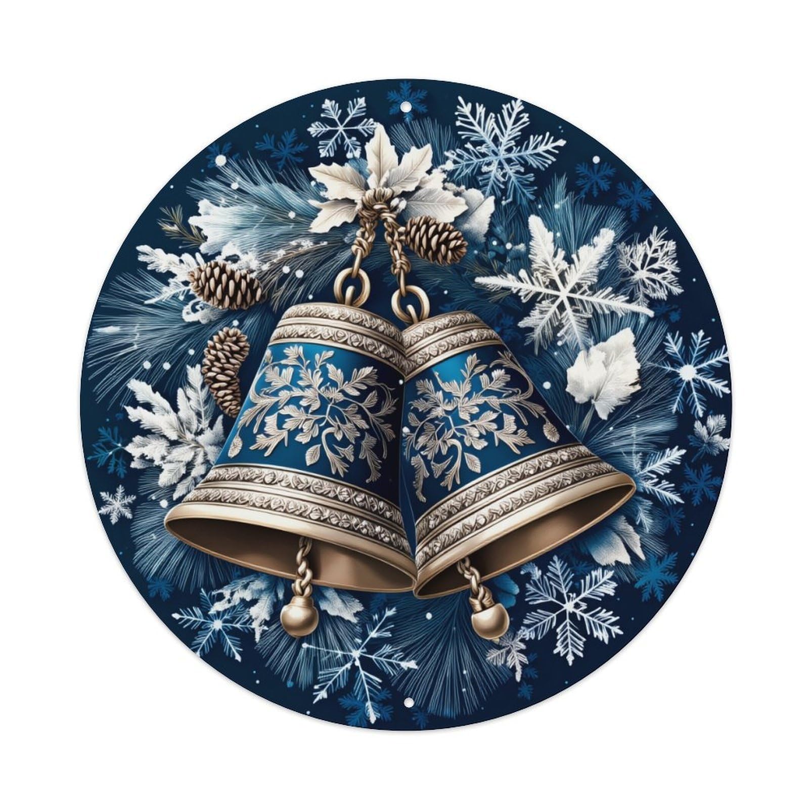 Snowflake Pinecone Bell Winter Pattern Round Tin Sign Retro Metal Sign for Cafe Bar Pub Home Game Room Gym Club Wall Decoration Vintage Metal Poster 8x8 Inch