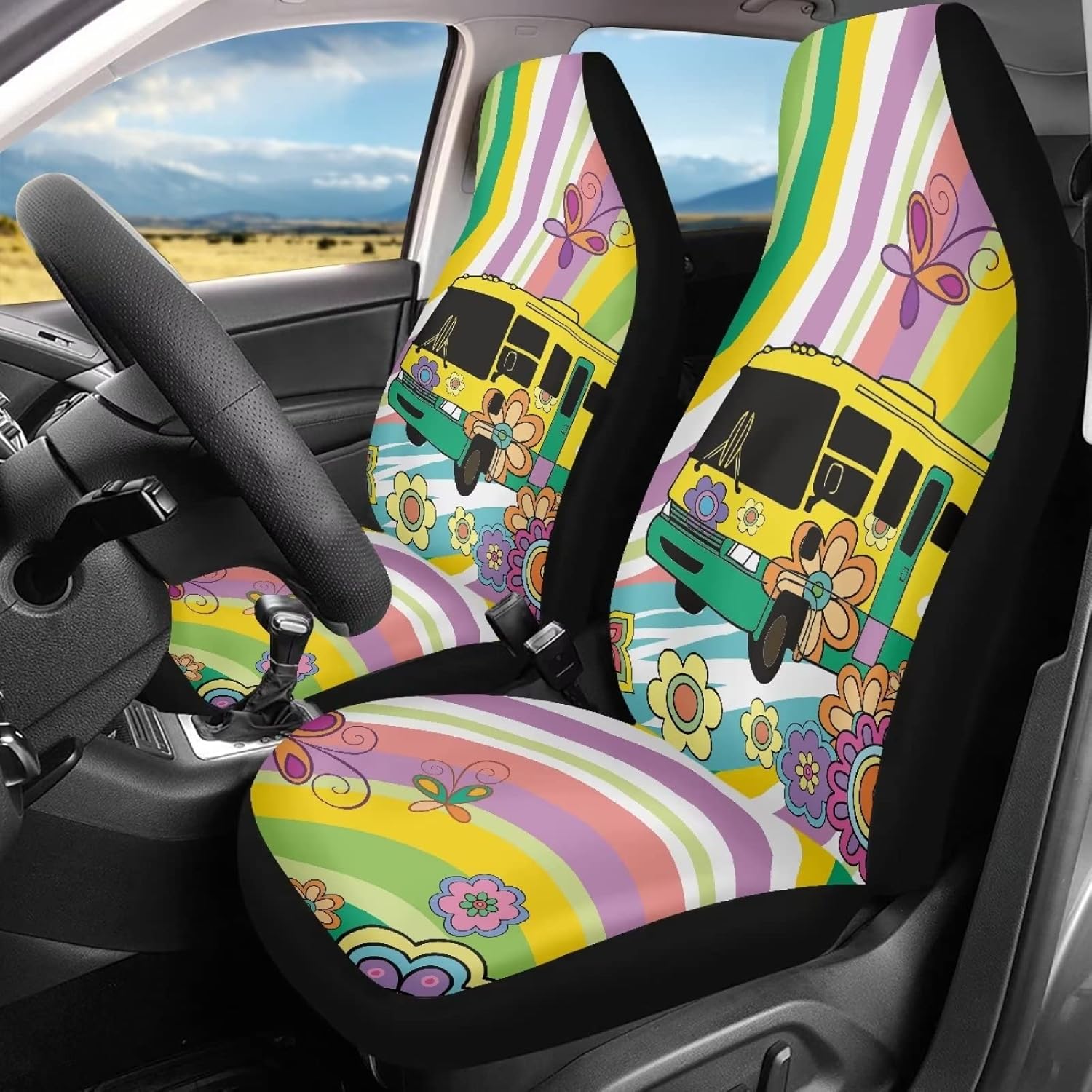 Cartoon School Bus Groovy Flower Butterfly Swirl Wavy 2 Pieces Car Seat Cover Retro Auto Bucket Seat Protectors Aesthetic Hippie Floral Moth Automotive Seat Protectors