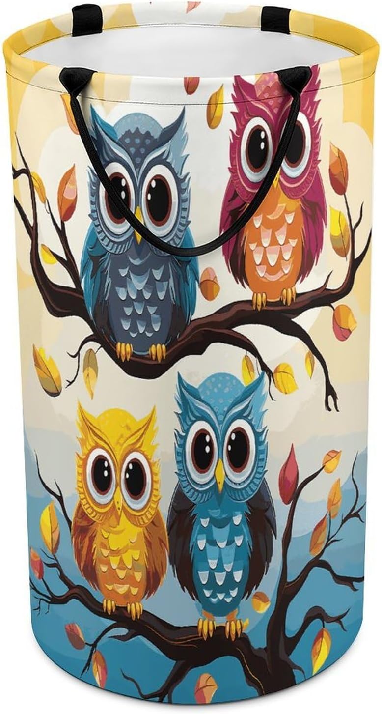 Owls on Tree Branches Large Capacity Laundry Baskets,Collapsible Clothes Hamper with Handles，Laundry Hampers for Bathroom,Bedroom,Towels