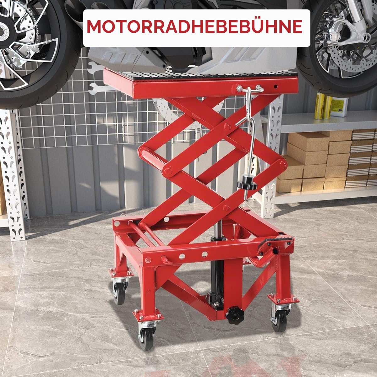 Motorrad Hebebühne, Motorradheber 158kg Tragfähigkeit, Höhenverstellbarer zwischen 350-905mm, Hebescheren-Mittelständer für Motorräder ATV, Motorradhebebühne