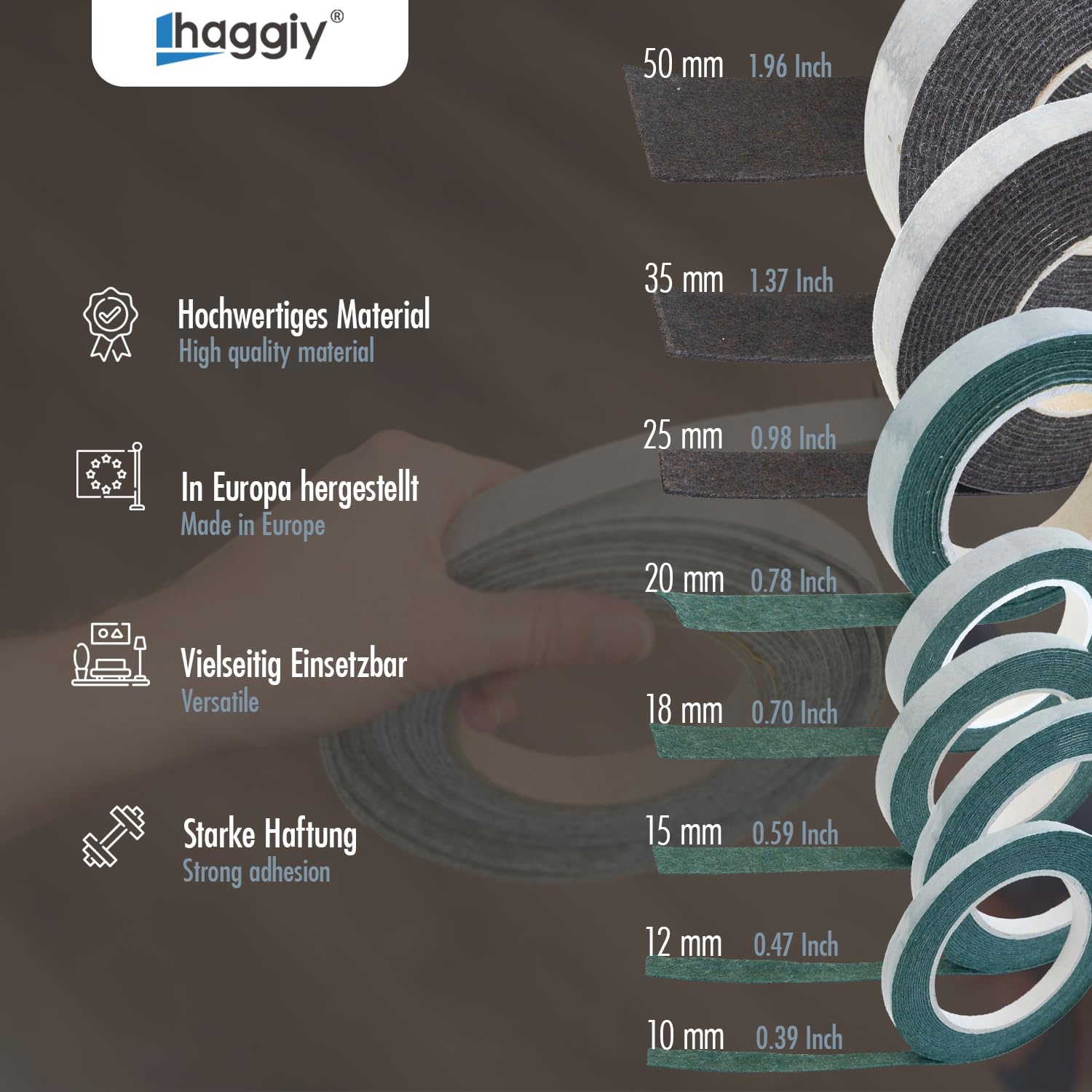 haggiy Cinta de Fieltro autoadhesiva – Rollo de Tiras de Fieltro Negro, 1,0 mm Grosor, 10 mm Ancho, 5 m Largo – Ideal como Deslizadores para Muebles y protección contra arañazos | Rollo de 5m, Uso versátil para Muebles y decoración, Almohadillas deslizant