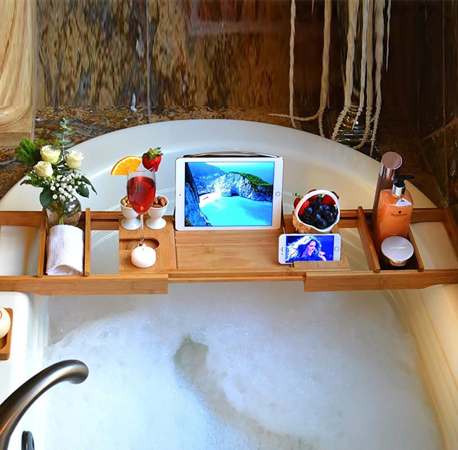 Bandeja de bañoBandeja de bambú para bañera, Bandeja de baño expandible con Soporte para Libros/tabletas y Copas de Vino, Organizador de baño para baño de Lujo (Color: Natural)
