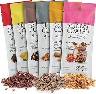 Skinny Coated Dark Chocolate Granola Bites,Variety Pack - Cocoa, Espresso, Lemon Joy, Original, Peanut Butter, Raspberry. 6 bags, Each Bag is 1.2oz, Ideal Healthy Snacks Option for Work, School or Post Workout