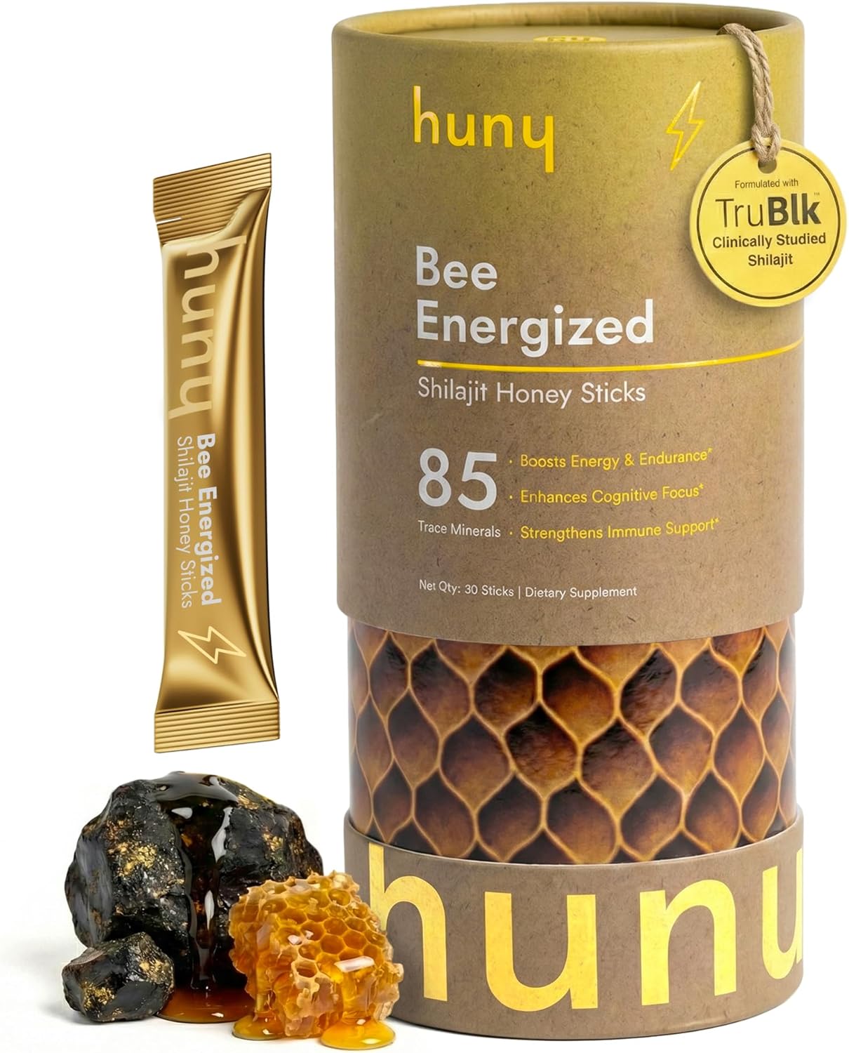 HUNY Bee Energized Shilajit Honey Sticks | Functional Raw Honey + TruBlk Clinically Studied Pure Himalayan Shilajit | 85+ Trace Minerals & Fulvic Acid for Clean Energy | 30 Count