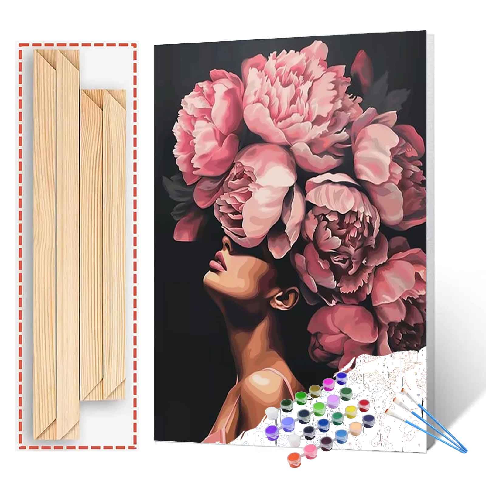Tucocoo Fashion Head Painting by Numbers Pink Flower Abstract Drawing Nordic Wall Decoration Oil Paint by Numbers Beautiful Woman Head Flower Paint by Numbers for Adults with Frame-16''Wx20‘’H