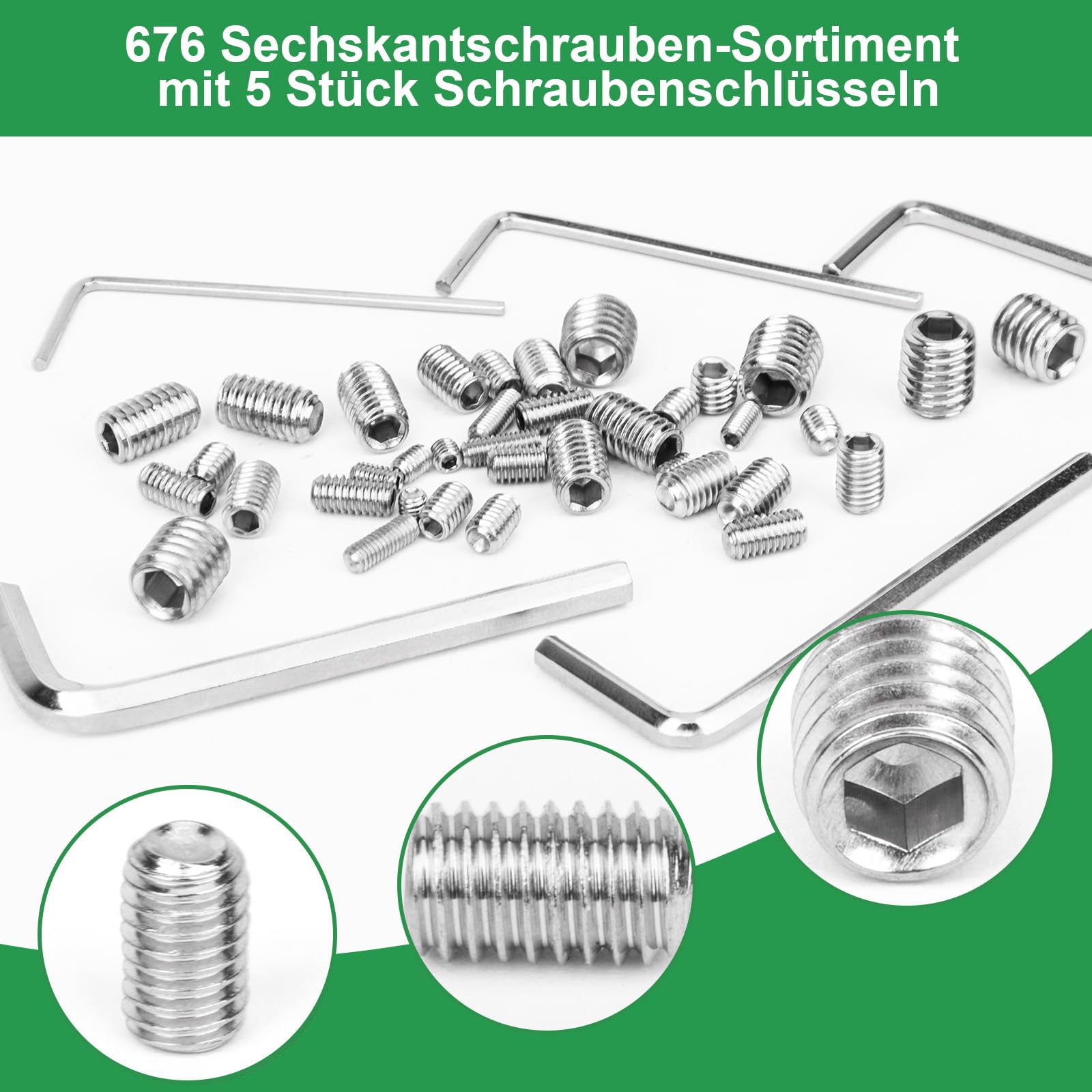 Foliv Set of 676 Grub Screws Assortment Set Stainless Steel M3 M4 M5 M6 M8 Grub Screws/Hexagon Socket Grub Screws DIN 913 - Image 4