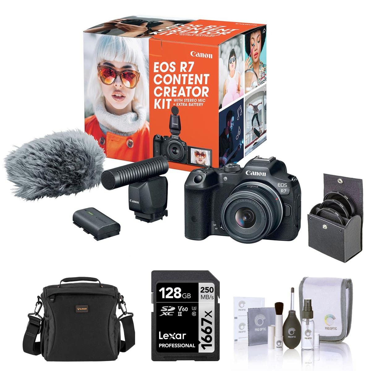 Canon EOS R7 Mirrorless Digital Camera with 18-45mm Lens Content Creator Kit, Bundle with 128GB Memory Card, 49mm Filter Kit, Shoulder Bag and Cleaning Kit