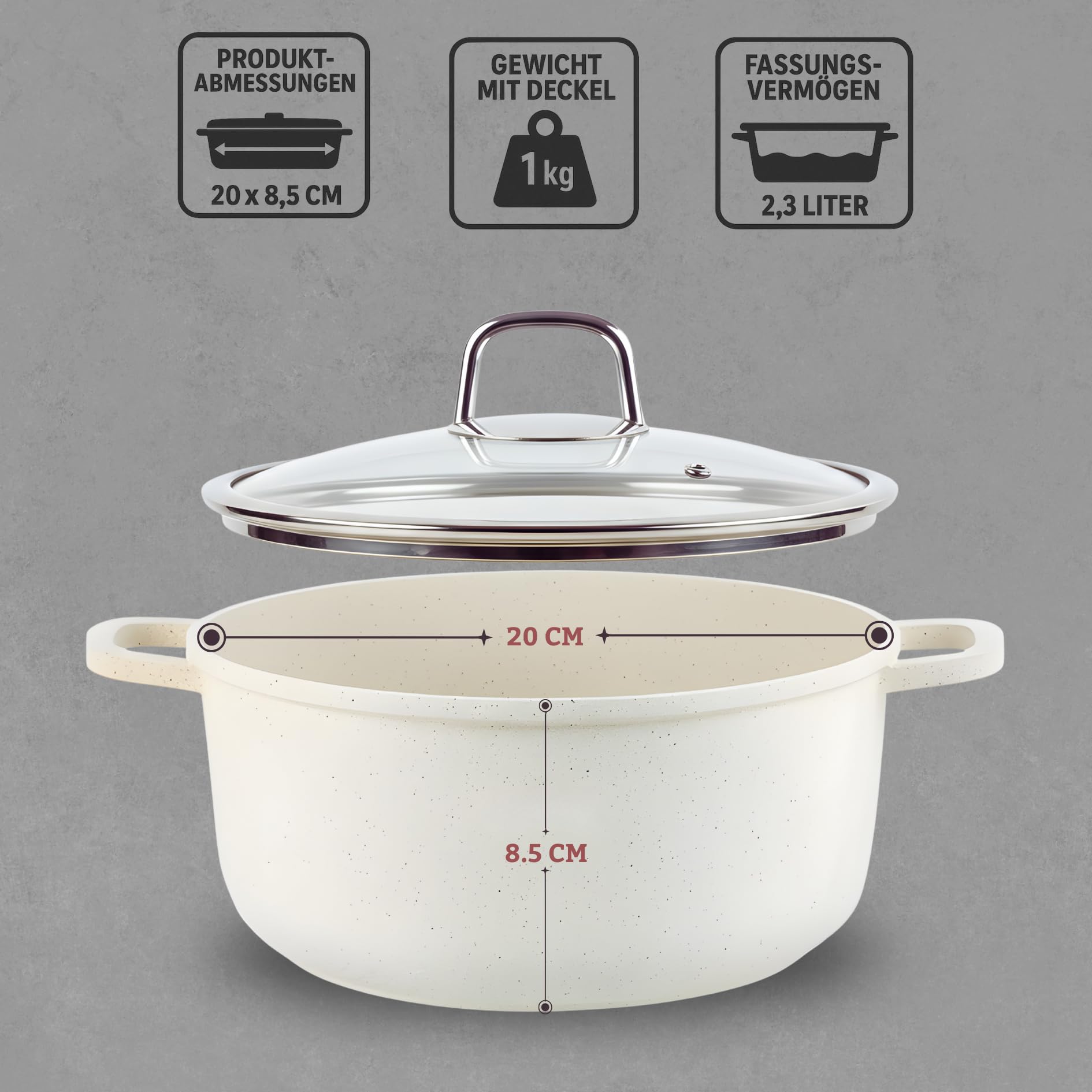 GOLDMANN Olla de Cocina de Aluminio Fundido con Tapa de Vidrio Selic, Revestimiento Antiadherente Cerámico Mármol Saludable & Apta para Inducción y Todas las Cocinas (Beige, 20 CM)