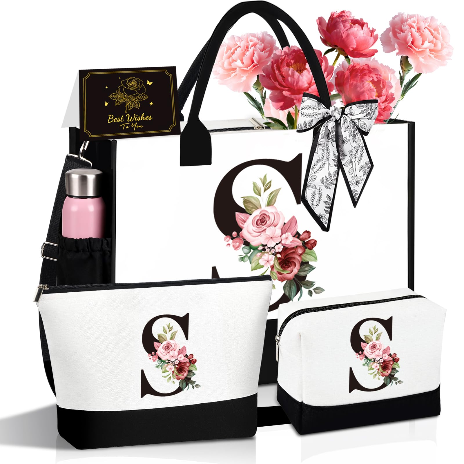 Birthday Gifts for Women - Initial Canvas Tote Bag & Makeup Bag, Personalized Gifts for Women,Personalized Present Bag,Custom Bags for Beach,Wedding,Birthday Gift for Mom Sister Friends (S)