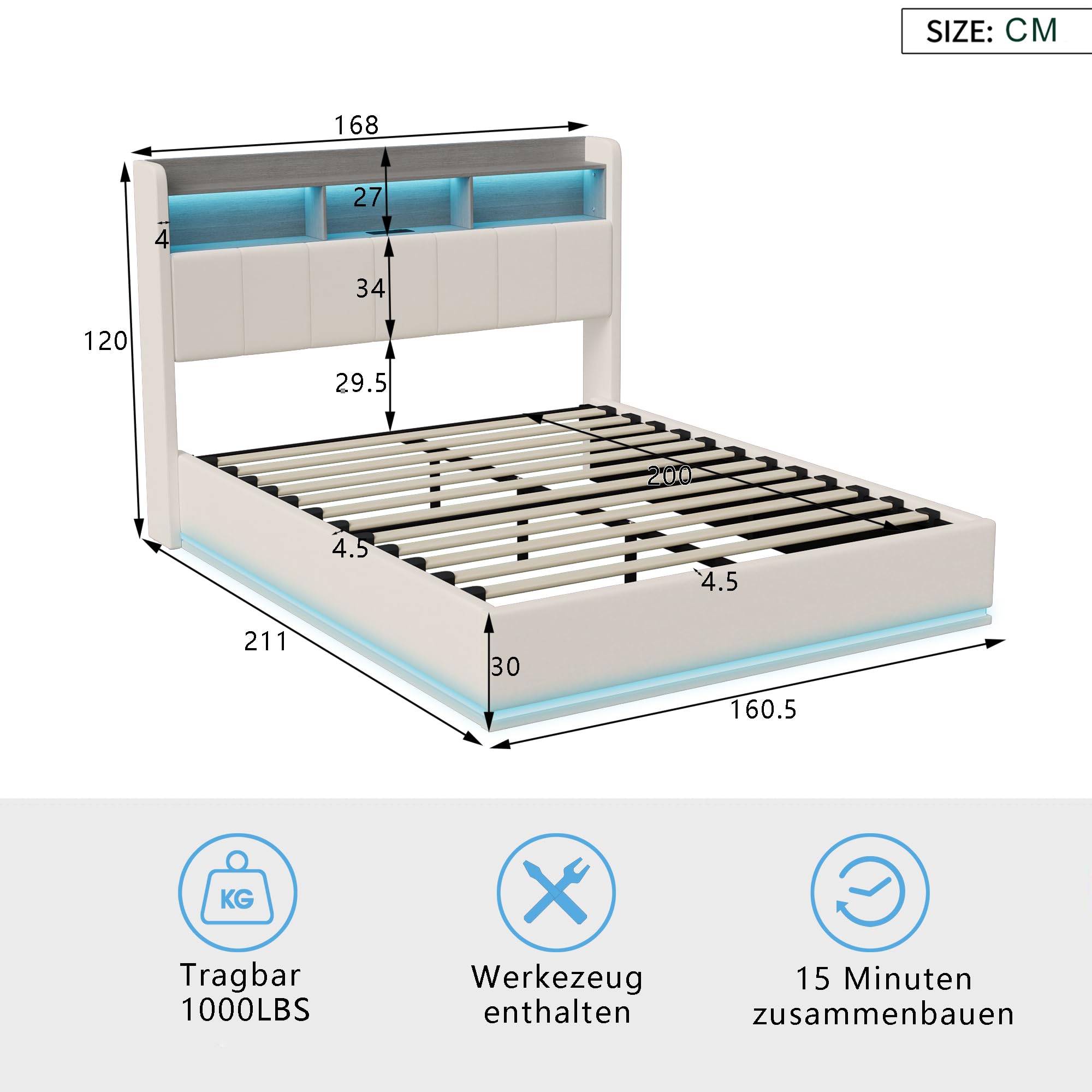 Gestoffeerd bed 160x200 cm zonder hoofdbord – hydraulisch zwevend frame, LED, ingebouwde opbergruimte – Beige linnen (zonder matras
