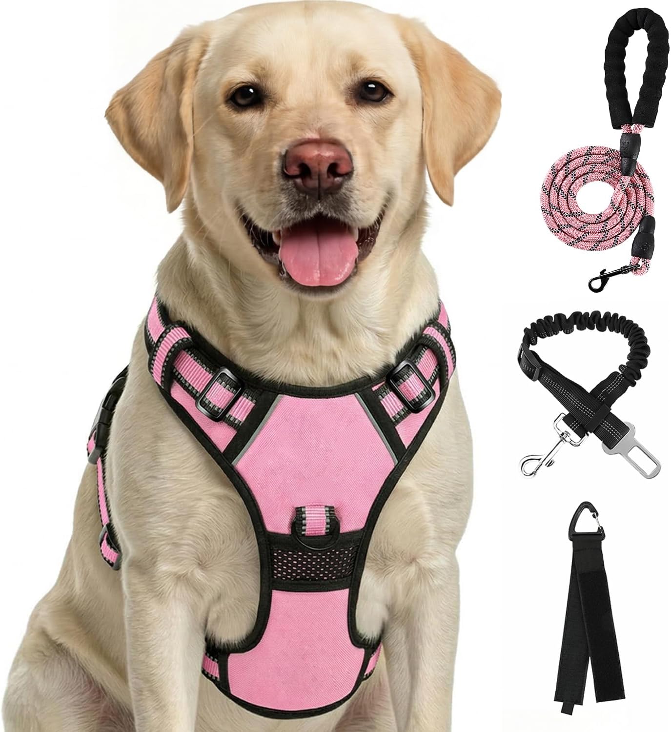 FURRYFECTION XL No Pull Dog Harness, Reflective Vest, Adjustable, Soft Padded, Front Lead, Leash, Seat Belt, Pink