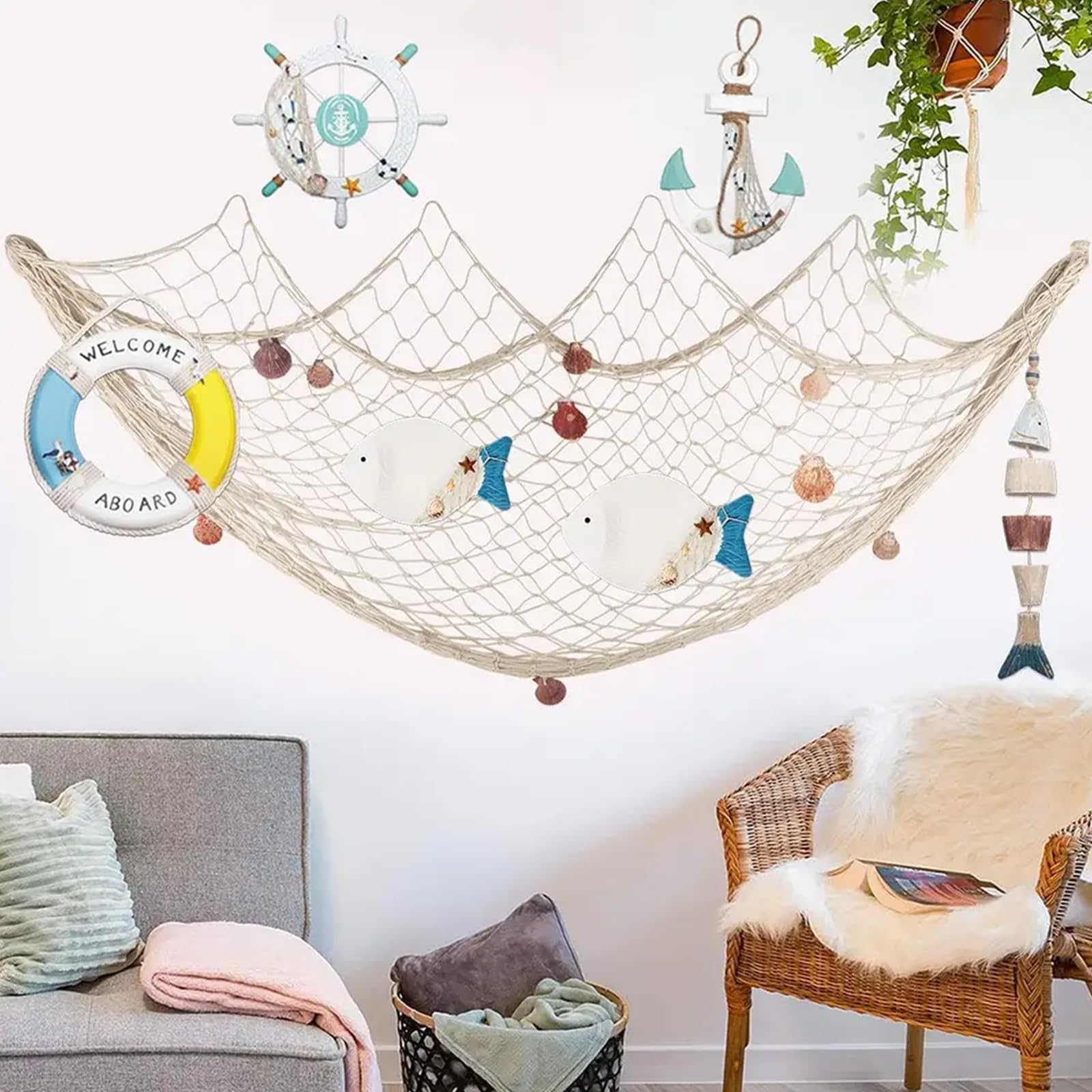 Fishing Net Decoration, Fish Net, Sea Shells, Large Shells, Shells for Crafting, Decorative Fishing Net with Sea Shells, Beige Hand Woven Wall Net, for Home Bedroom Nautical Decor (1 X 2m)