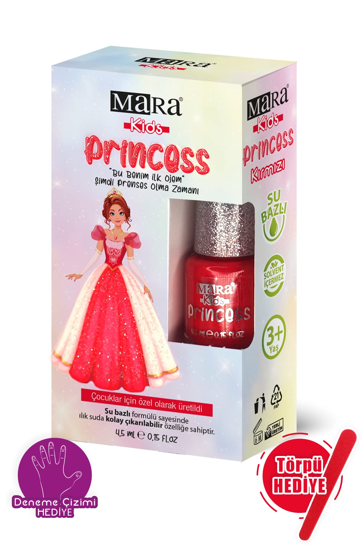 MARA KOZMETİK Princess Yıkanabilir Su Bazlı Çocuk Ojesi - Kırmızı (Törpü Hediyeli)