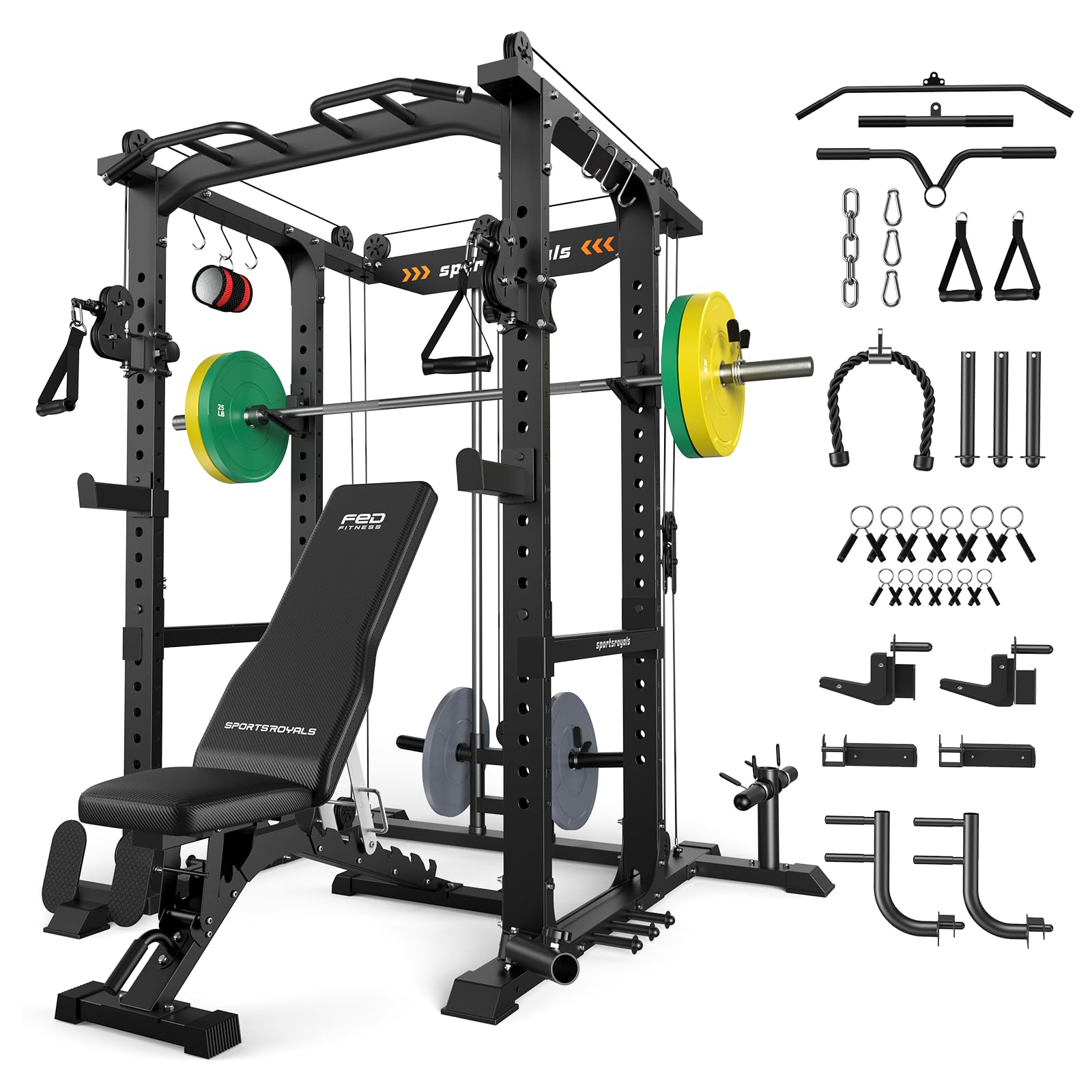 Sportsroyals Power Cage, 1600LBS Squat Rack with Cable Crossover System