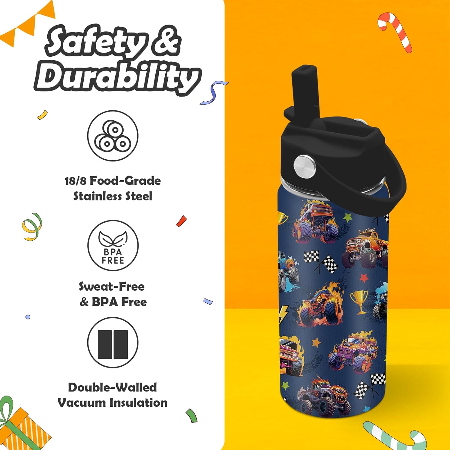 Monster Truck Water Bottle - 16oz Monster Truck Stainless Steel Water Bottle with Straw - Funny Trucks Insulated Cup for Boys - Trucks Kids Tumbler for School, Sports, Travel - Image 4