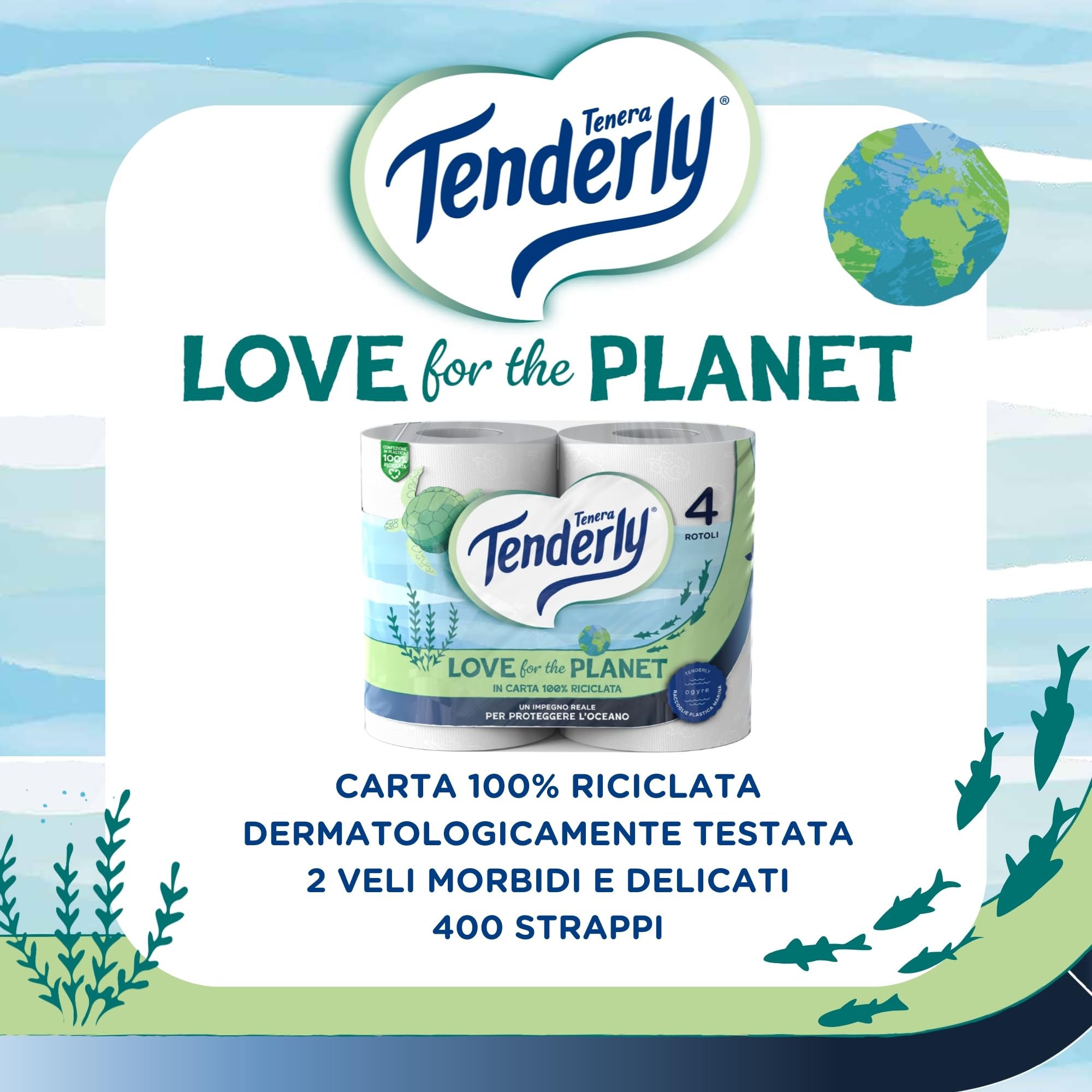 Tenderly Love for the Planet, 56 Rotoli di Carta Igienica (14 conf. da 4 rotoli), Cellulosa 100% Riciclata, Dermatologicamente Testato, Made in Italy