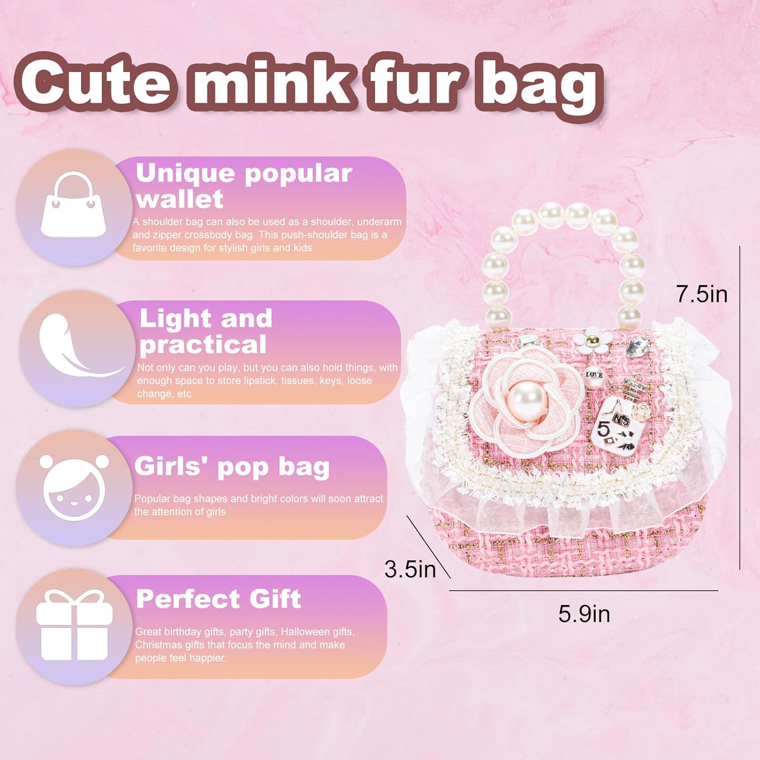 Girls Princess Purses Cute Bunny Toddler Crossbody Bag Handbag with Pearl Handle Shoulder Chain Bag - Image 5