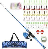 Kit de vara de pesca para crianças, conjunto de vara de pesca telescópica e carretel com iscas de pesca, linhas de pesca, ganchos de pesca para meninos e meninas