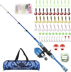 Kit de vara de pesca para crianças, conjunto de vara de pesca telescópica e carretel com iscas de pesca, linhas de pesca, ganchos de pesca para meninos e meninas