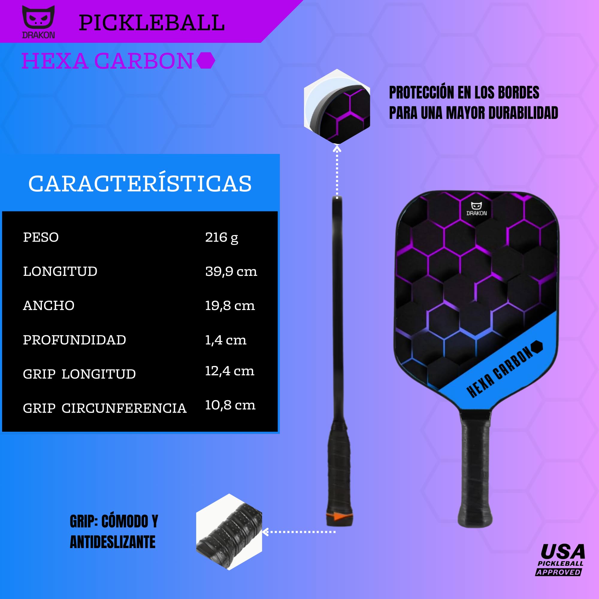 DRAKON - Lot de 2 raquettes de pickleball en fibre de carbone + housse + 4 balles de pickleball - Noyau en panneau d'abeille en polypropylène - Convient aux débutants et aux joueurs occasionnels