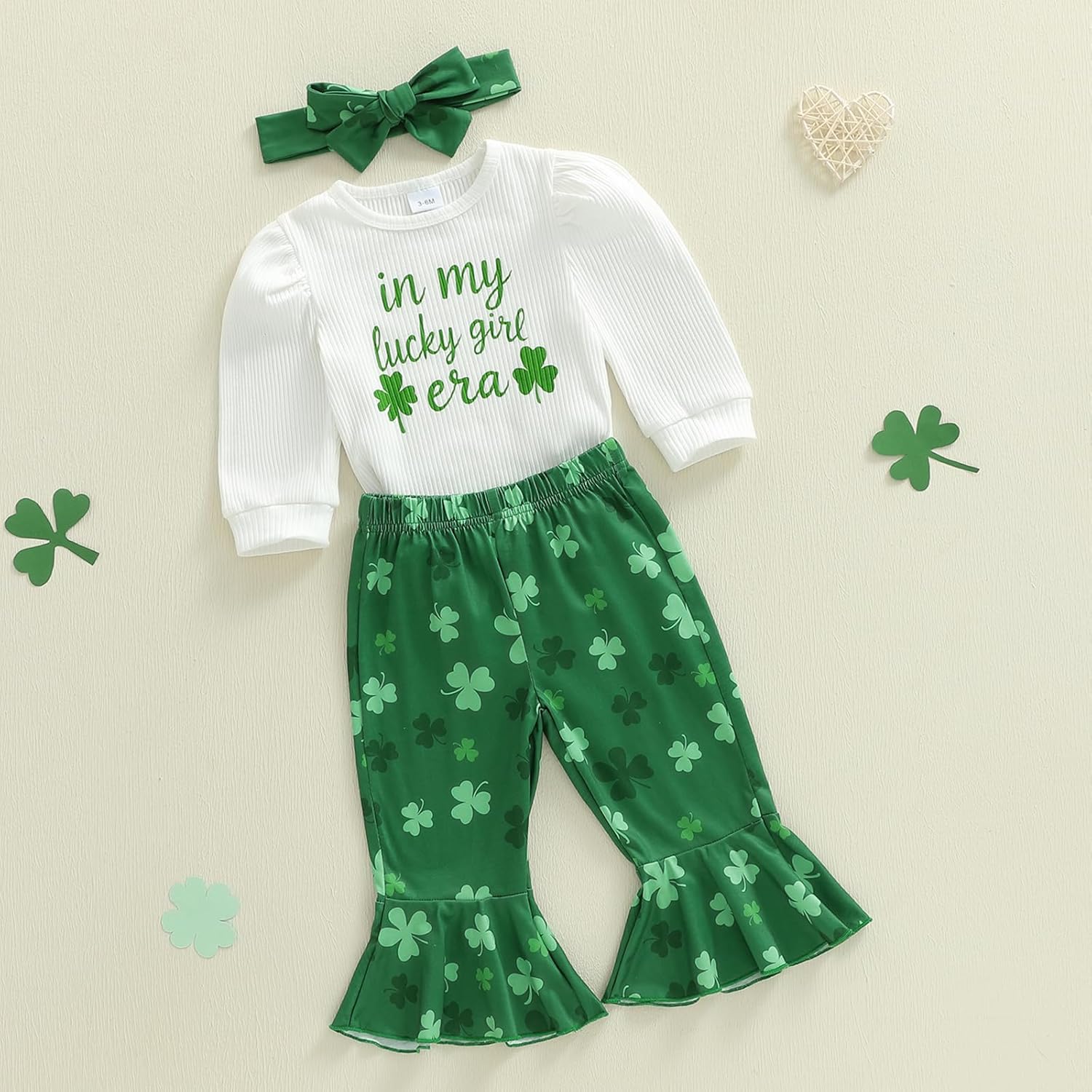 Thorn Tree Baby Girl St Patricks Day Outfit Newborn Clothes Long Sleeve Romper Flare Pants Bows Green Outfits Infant Set - Image 3