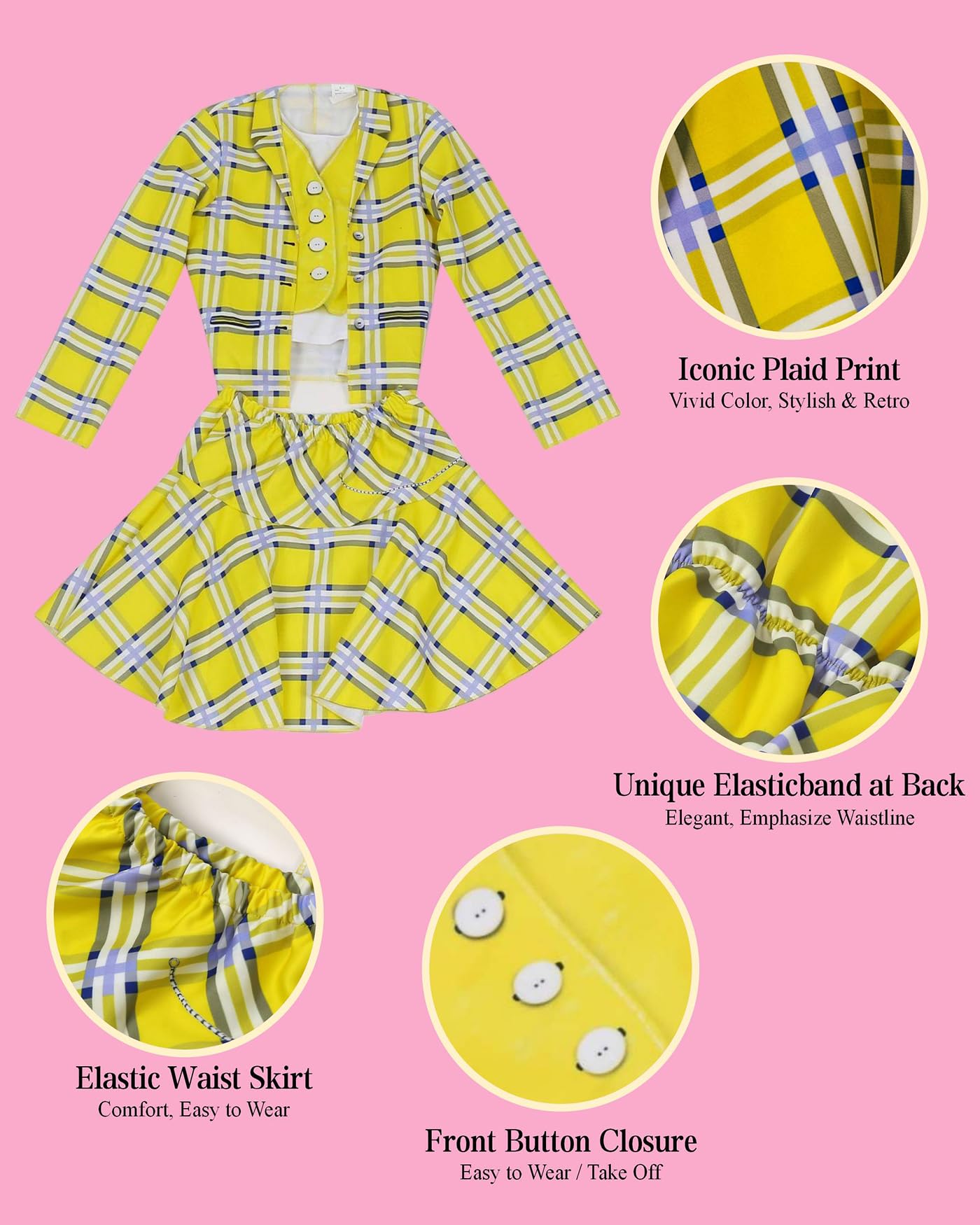 Koongso Cher Costume for Girls Movie Schoolgirl Fancy Dress, Yellow Plaid Coat Skirt Stockings - Image 4