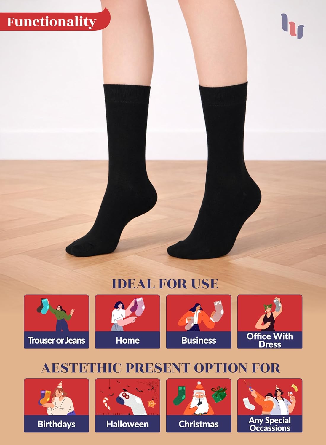 Hugh Ugoli Women Rayon Dress Socks, Extremely Soft Thin Crew Socks for Business, Trouser & Casual, Non-Binding & Breathable