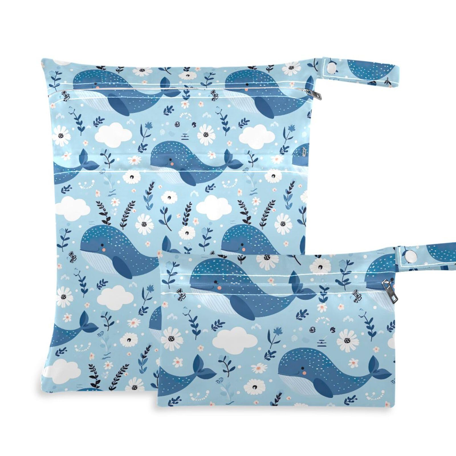 Coikll Wet Dry Bags for Cloth Diaper 2 Pack Waterproof Yoga Gym Bag for Swimsuit Wet Clothes Baby Items-?Cute Whales?