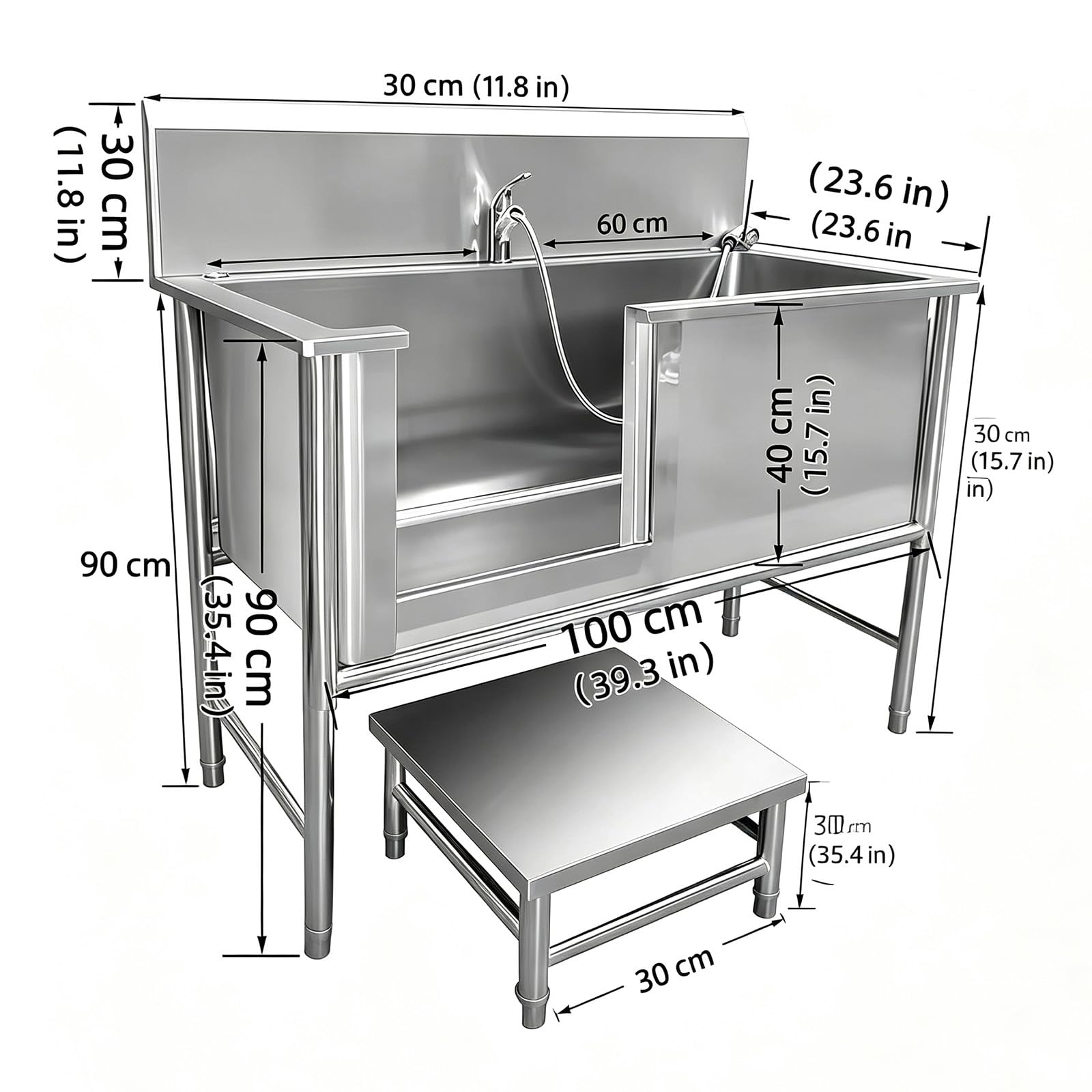 Hundebadewanne Edelstahl Haustiere Badewanne, professionelle Tierpflegewanne, mit Duschkopf, Seifenhalter & Treppe, Kommerzielle Haustierpflegewannenstation,L120cm