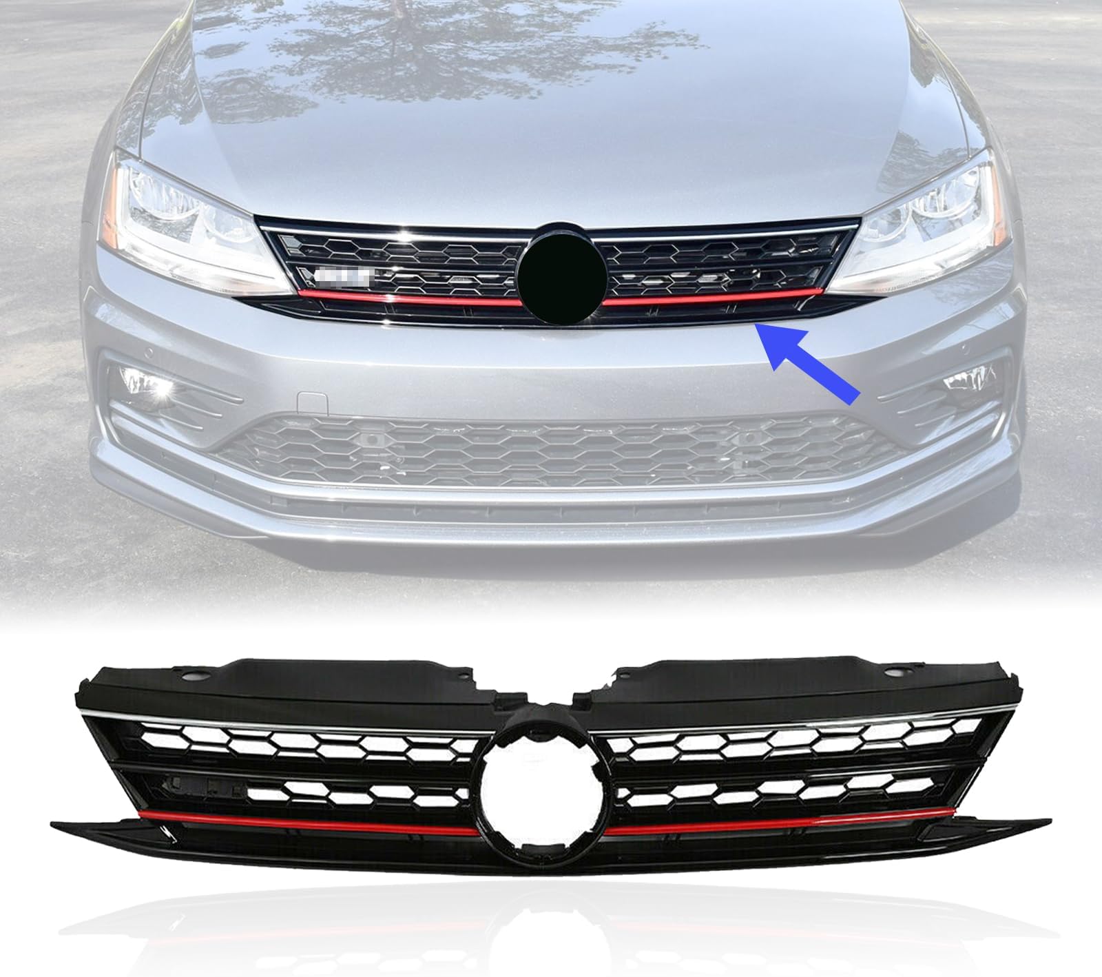 YLT AUTO Front Cover Upper Bumper Grille Replacement Shroud VW Front Honeycomb Air Intake with Red Trim for 2015 2016 2017 2018 Volkswagen Jetta