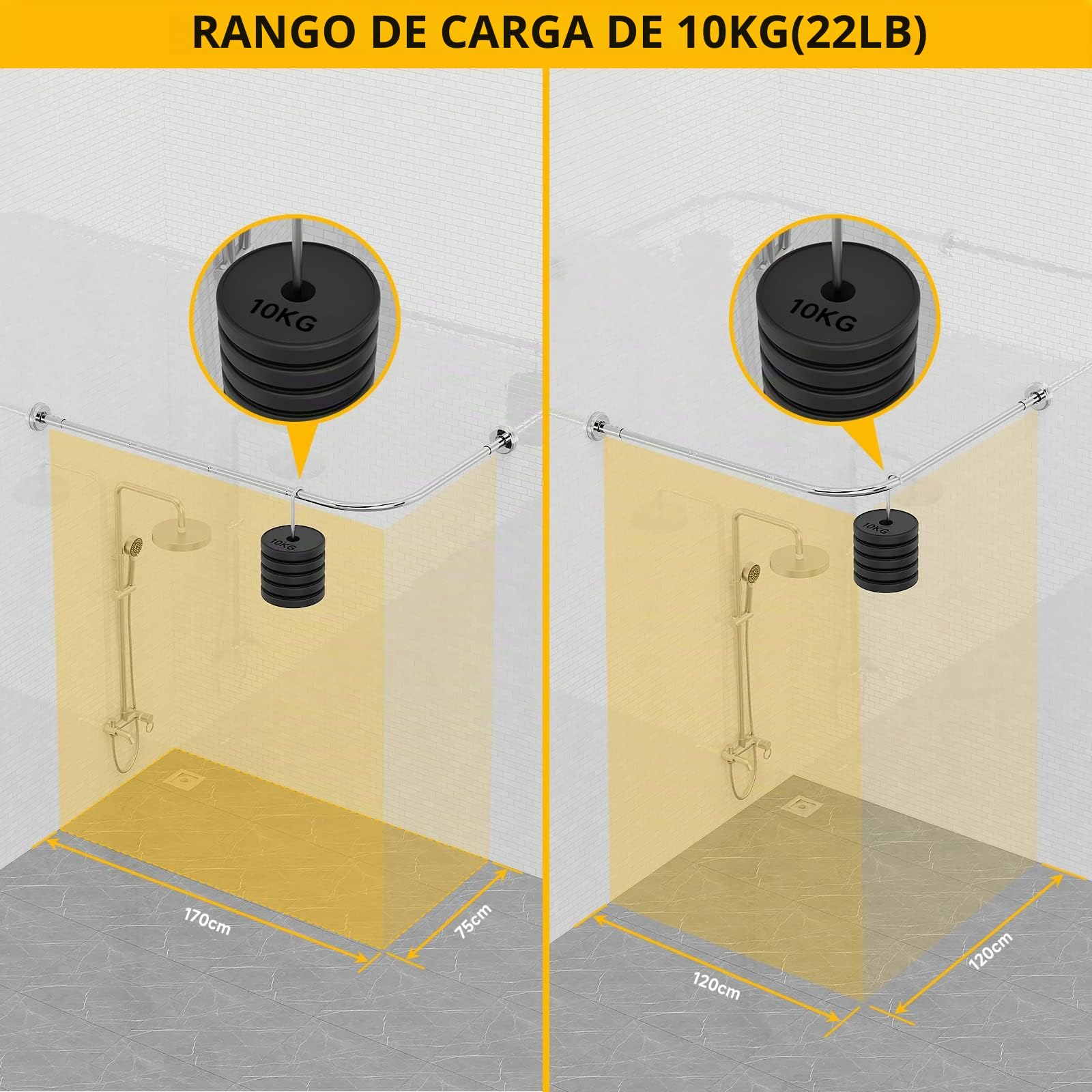 Barra de Cortina de Ducha L Forma, Barra Cortina Ducha Esquinera Ajustable de Acero Inoxidable, 75x170 cm Barra Ducha Curva con Anillos para Armario Baño Vestuario